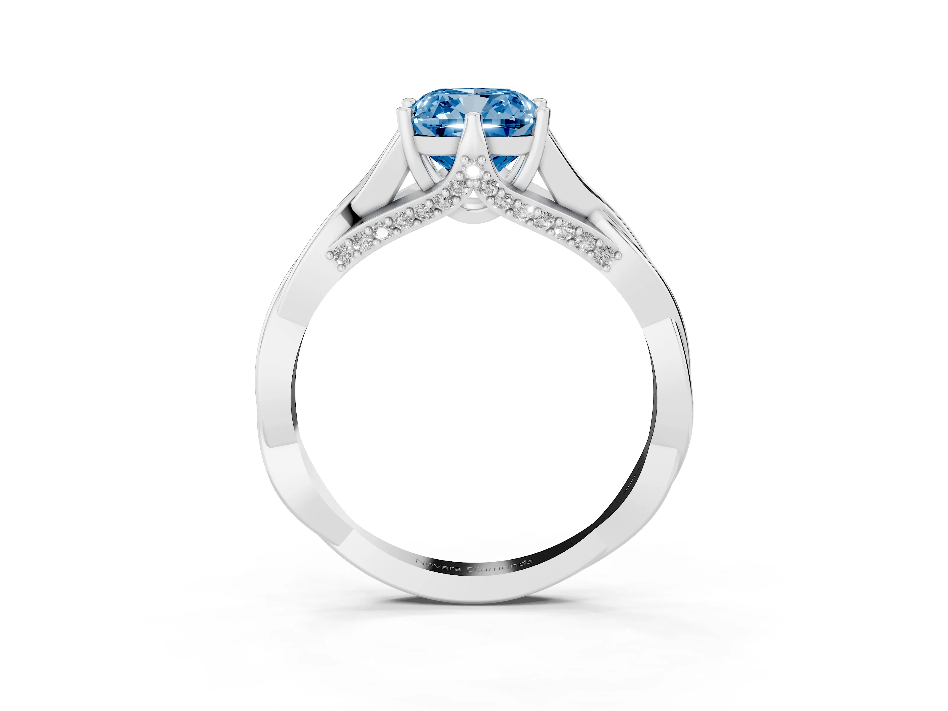 Fancy Blue Cushion Cut Diamond Intertwined Twist Band Solitaire Ring Set in White gold with Prong Setting