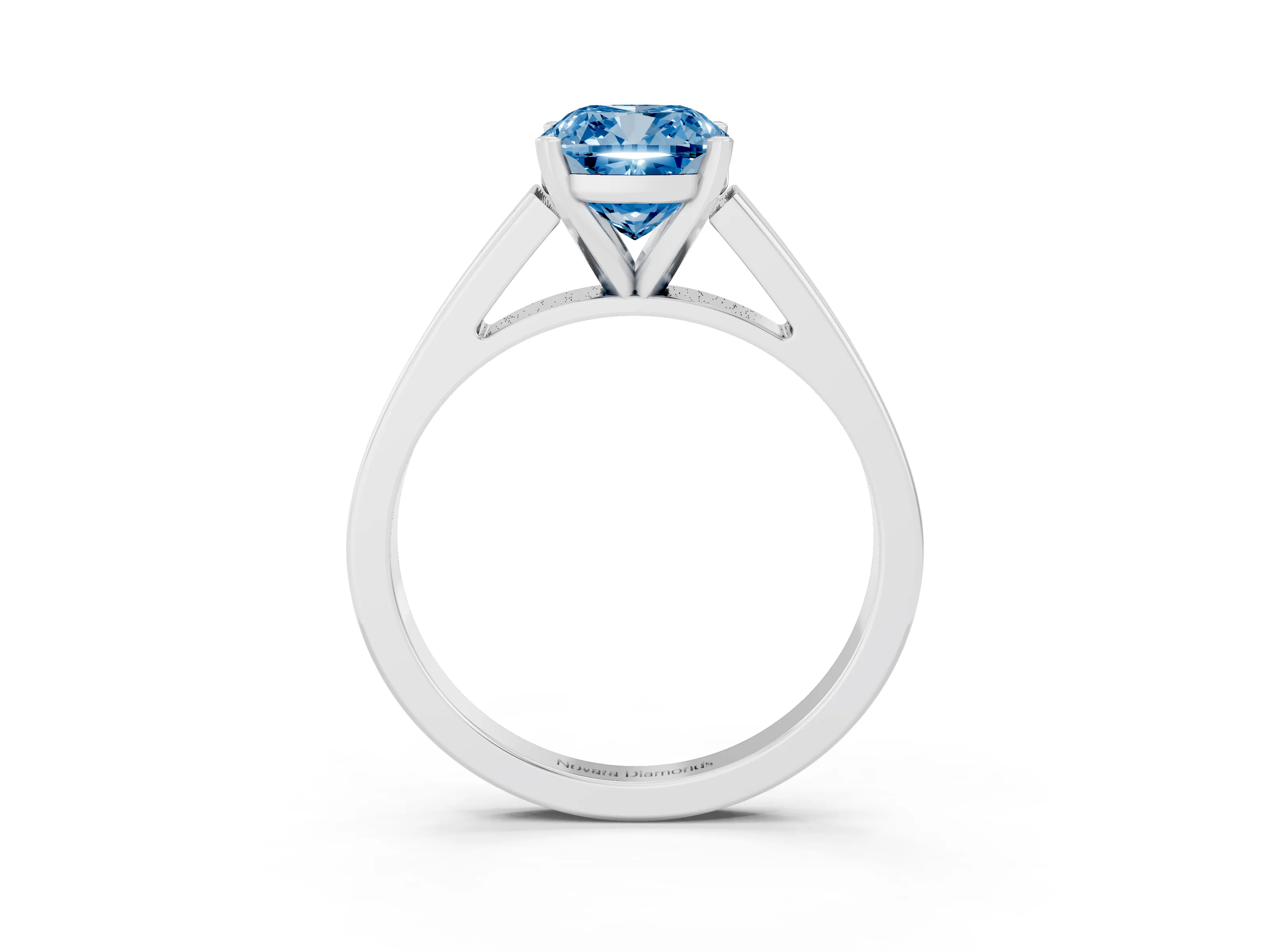 Fancy Blue Cushion Cut Diamond Solitaire Engagement Ring Set in White gold with Prong Setting and Tapered Band