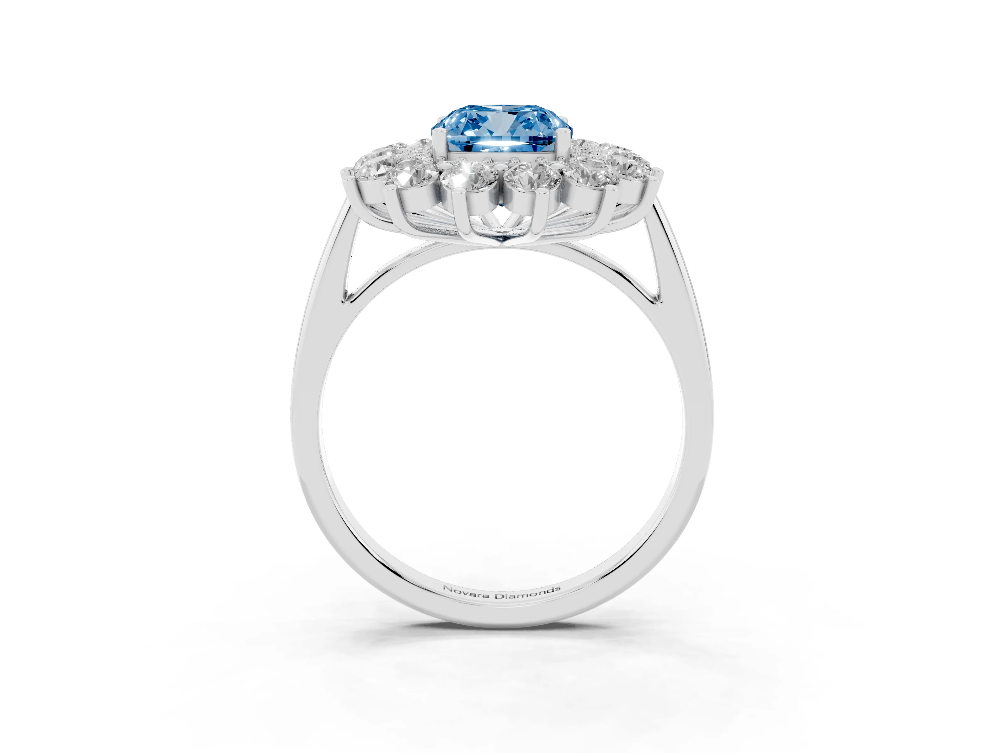Fancy Blue Cushion Cut Diamond Floral Double Halo Ring Set in Platinum with Round Petals