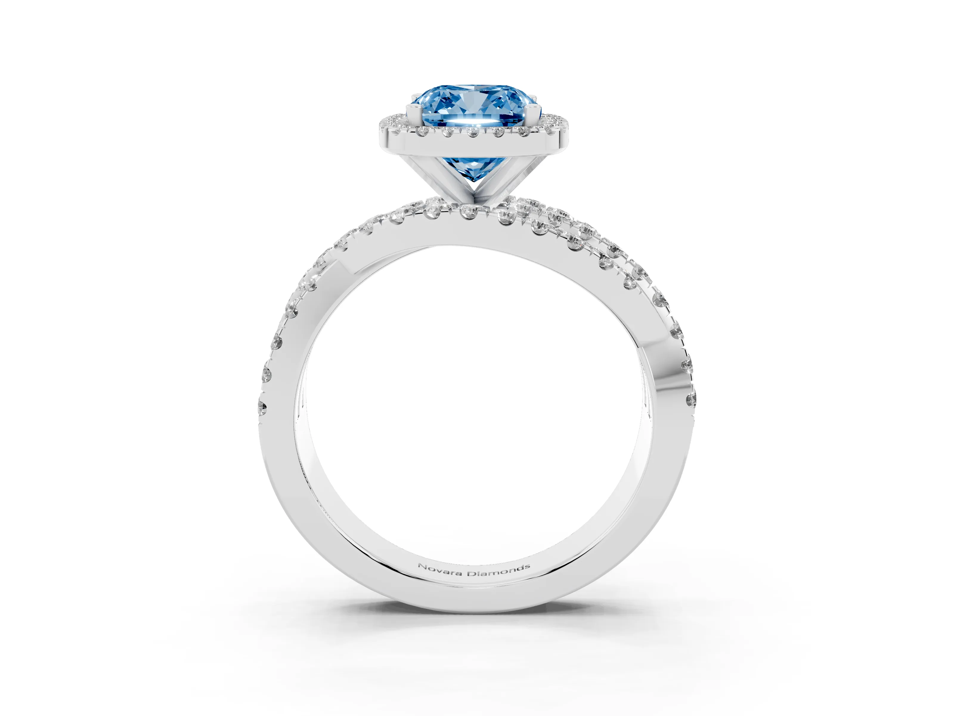 Fancy Blue Cushion Cut Diamond Halo Ring Set in Silver with Round Crossover Split Shank and Prong Setting