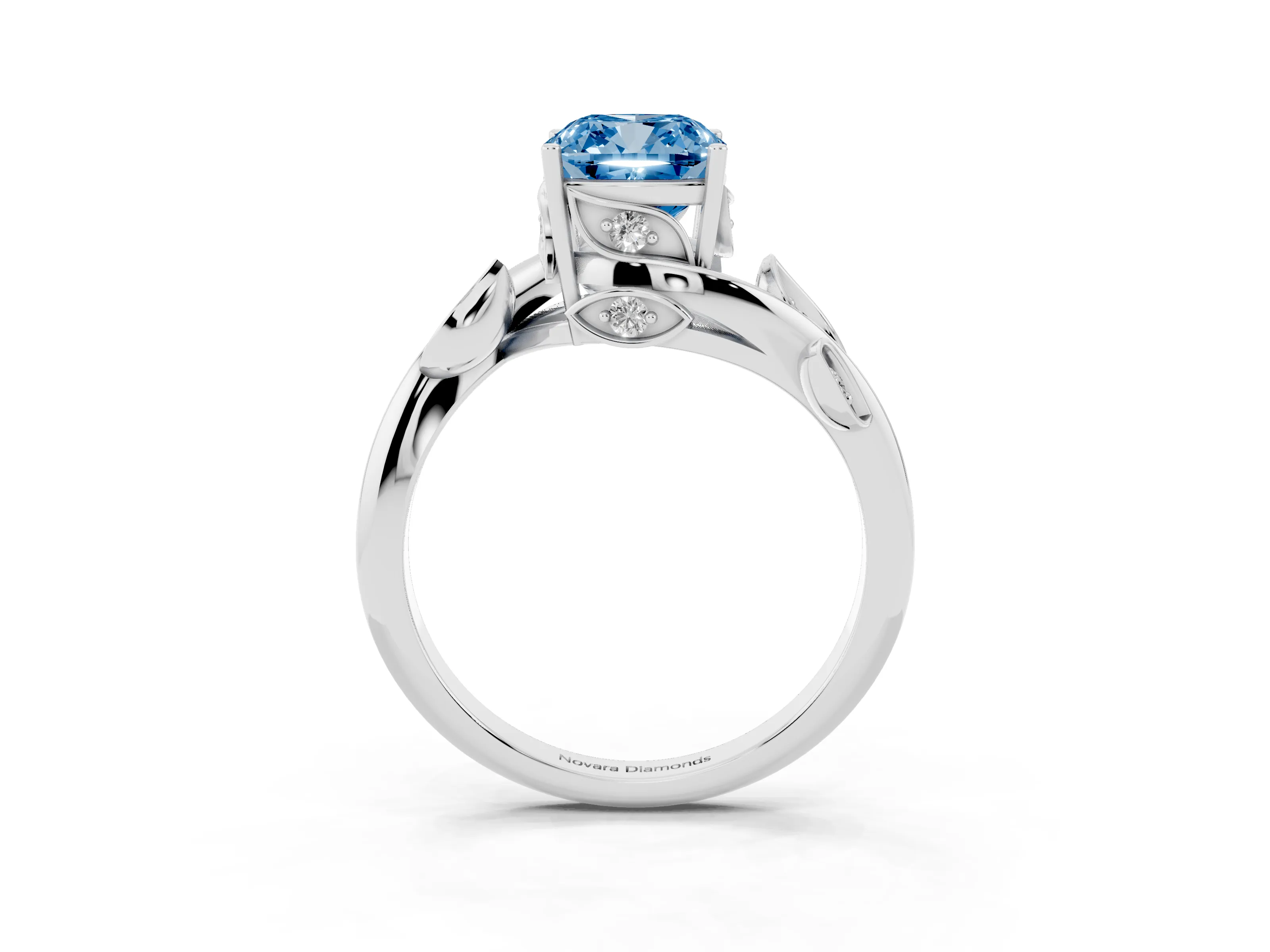 Fancy Blue Cushion Cut Diamond Solitaire Twist Engagement Ring Set in Platinum with Pavé Leaf Accents
