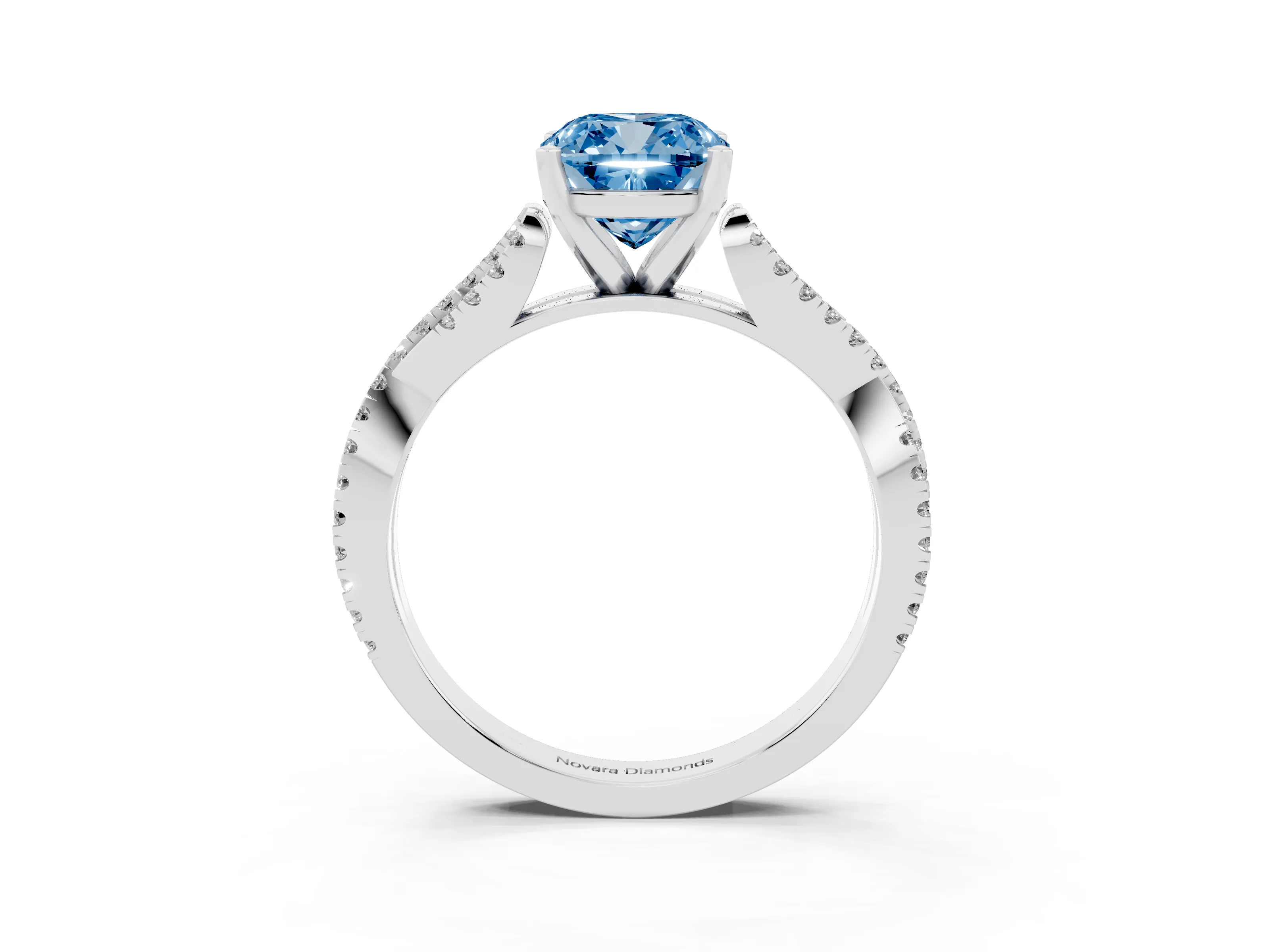 Fancy Blue Cushion Cut Diamond Solitaire Engagement Ring Set in Silver with Twisted Pavé Band and Prong Setting