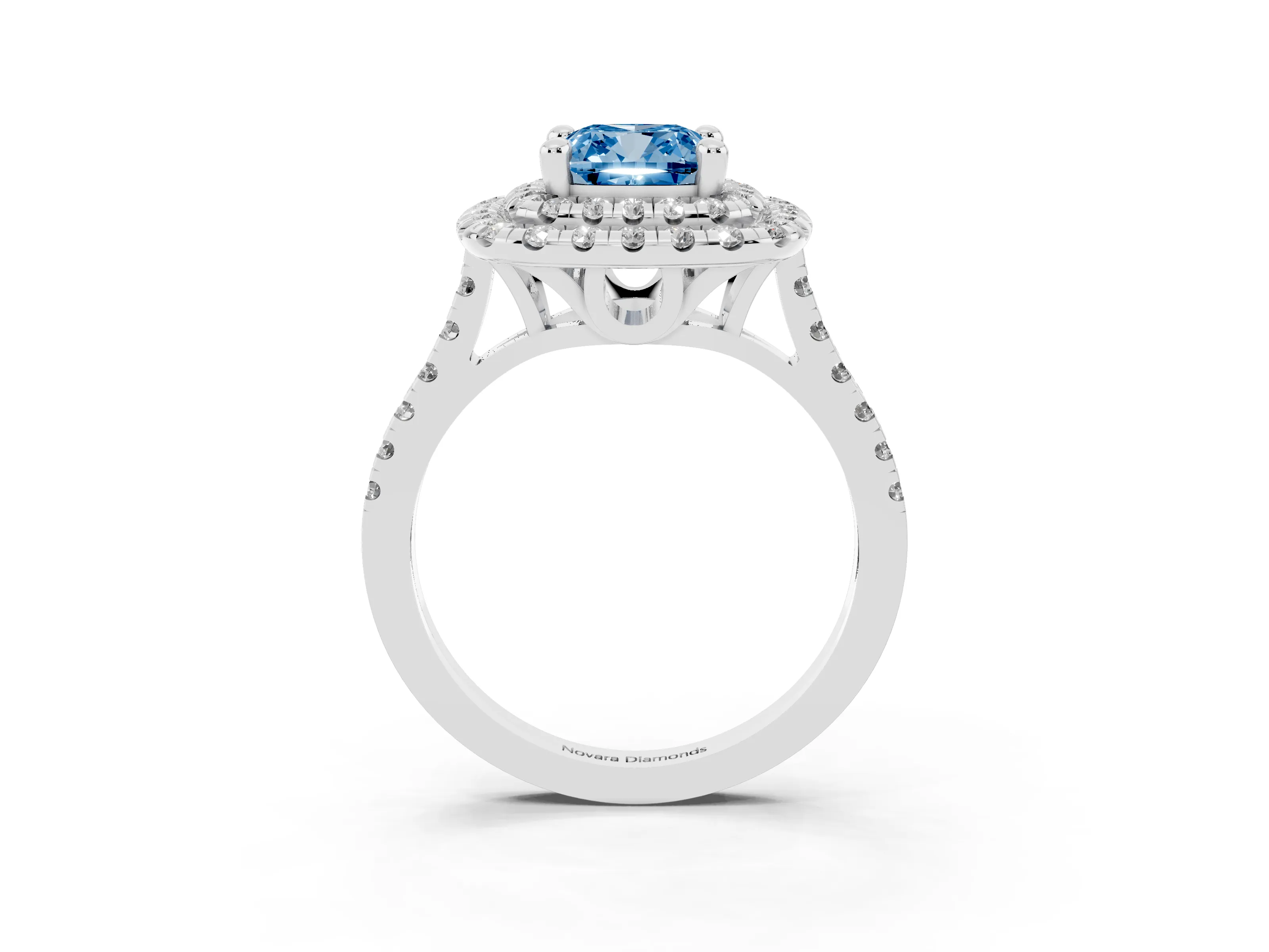 Fancy Blue Cushion Cut Diamond Double Halo Statement Ring Set in Platinum with Pavé Band