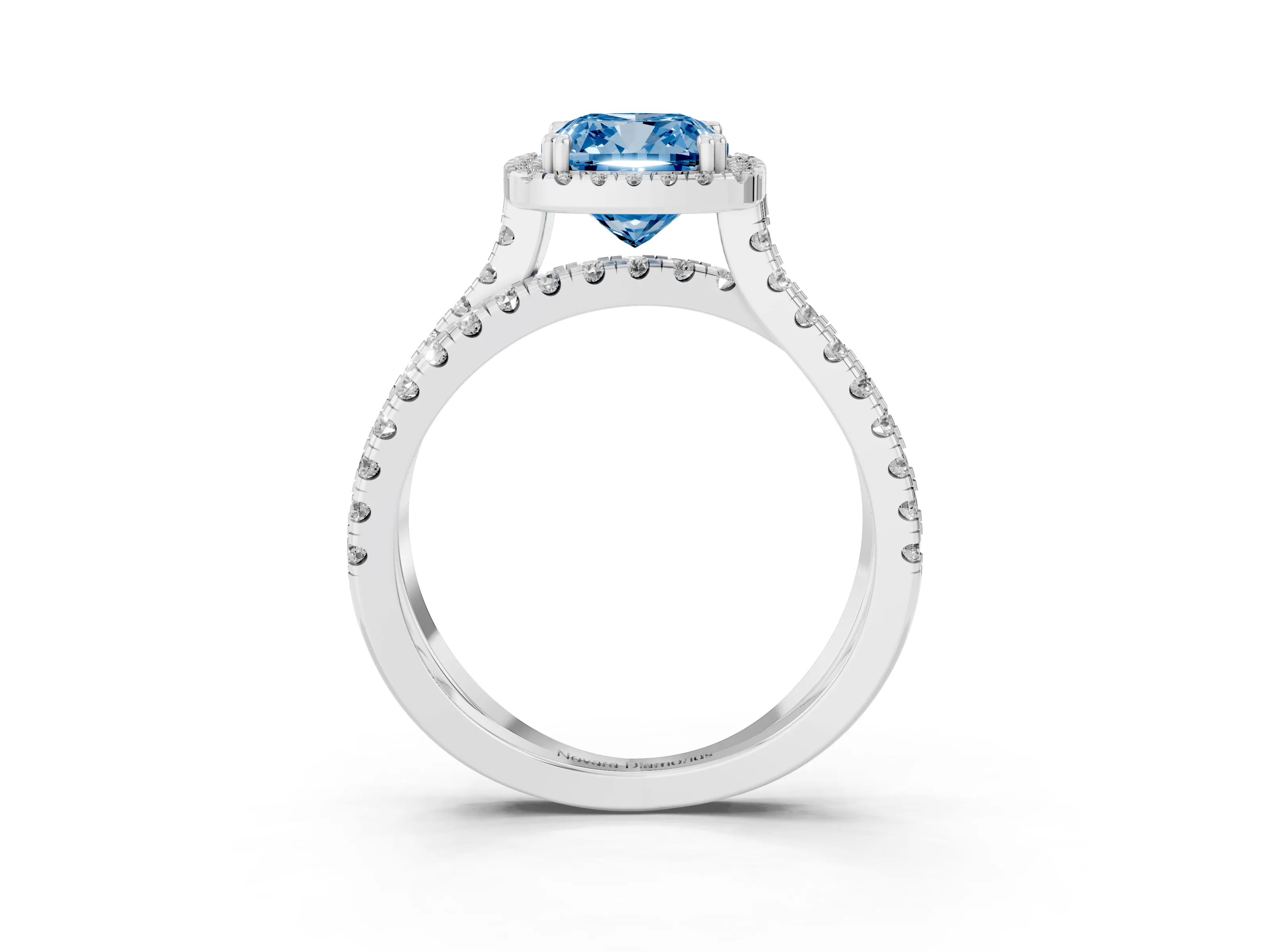 Fancy Blue Cushion Cut Diamond Halo Split Shank Ring Set in Platinum with Pavé Setting