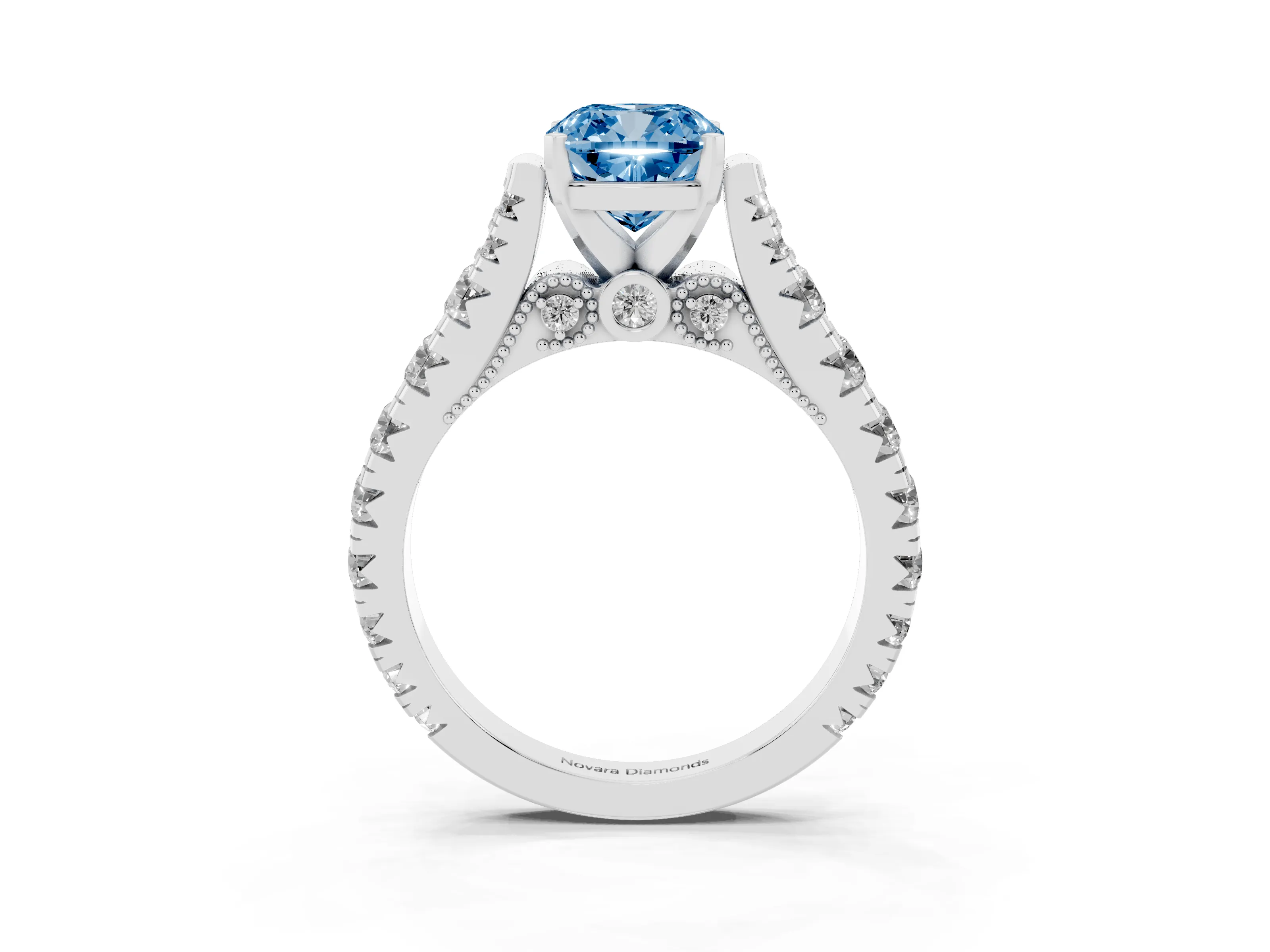 Fancy Blue Cushion Cut Diamond Classic Solitaire Ring Set in Silver with Pavé Band and Prong Setting