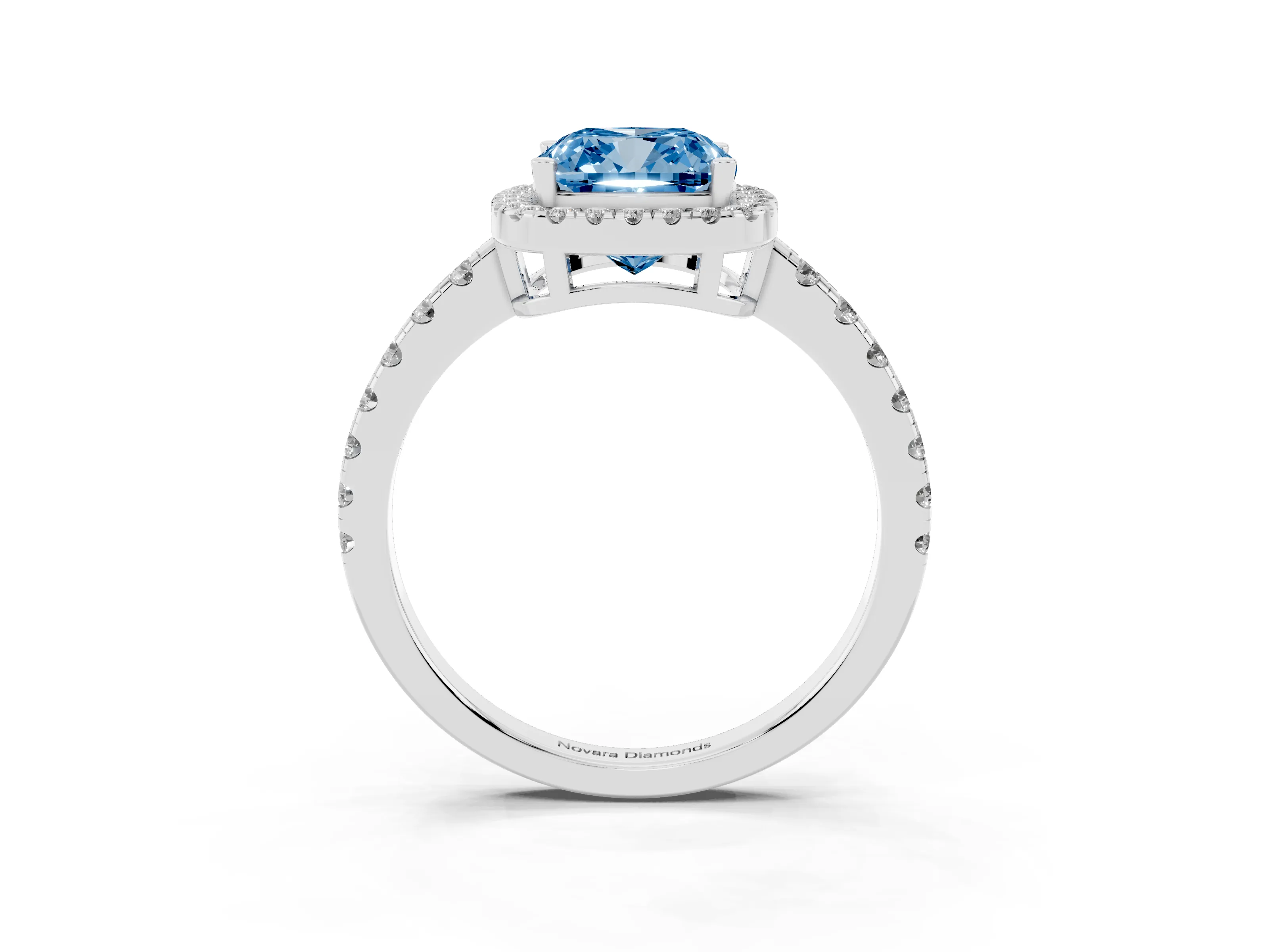 Fancy Blue Cushion Cut Diamond Halo Ring Set in White gold with Delicate Pavé Band and Prong Setting