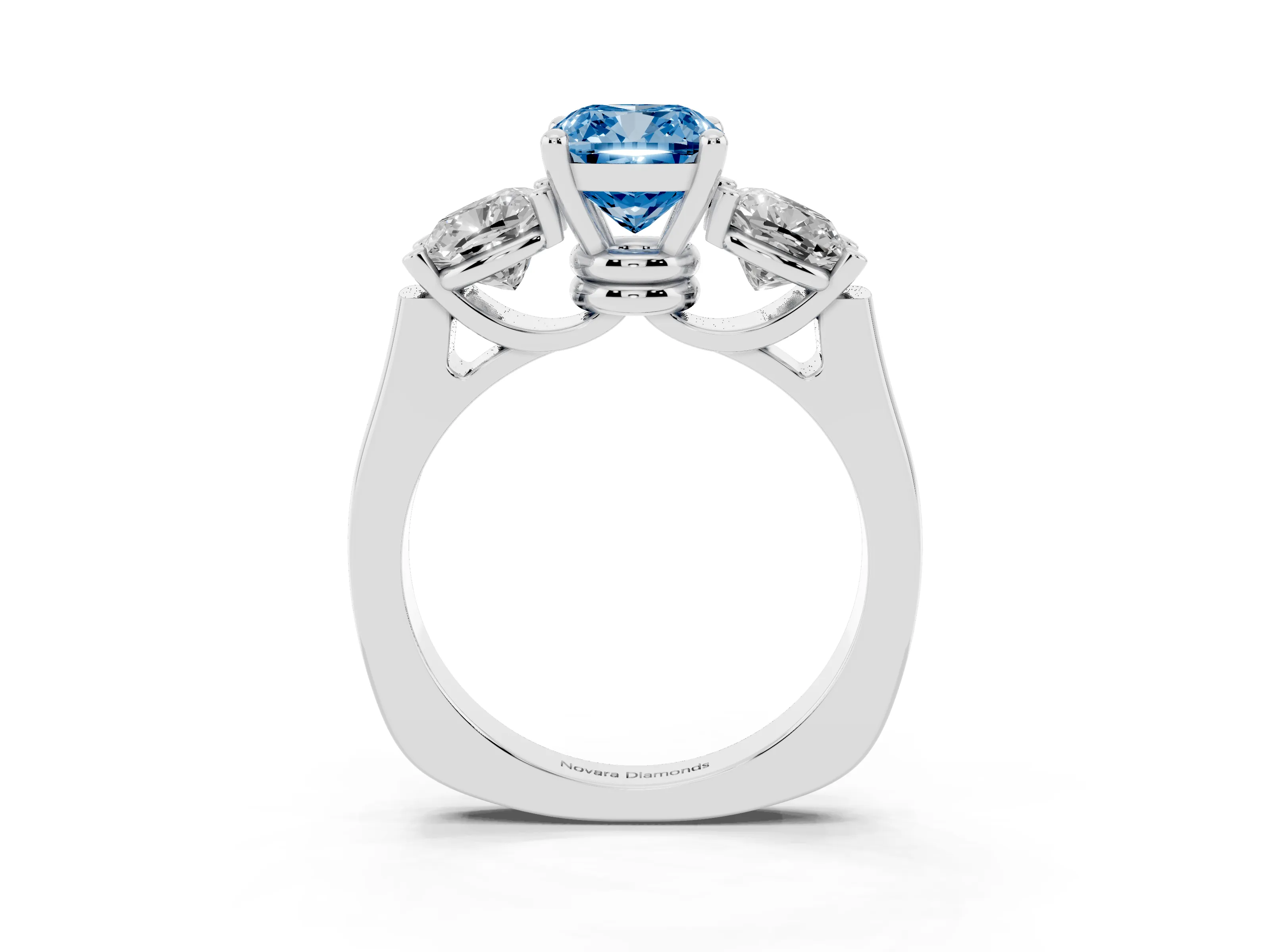 Fancy Blue Cushion Cut Diamond Three-Stone Trellis Ring Set in White gold with Comfort Fit Band