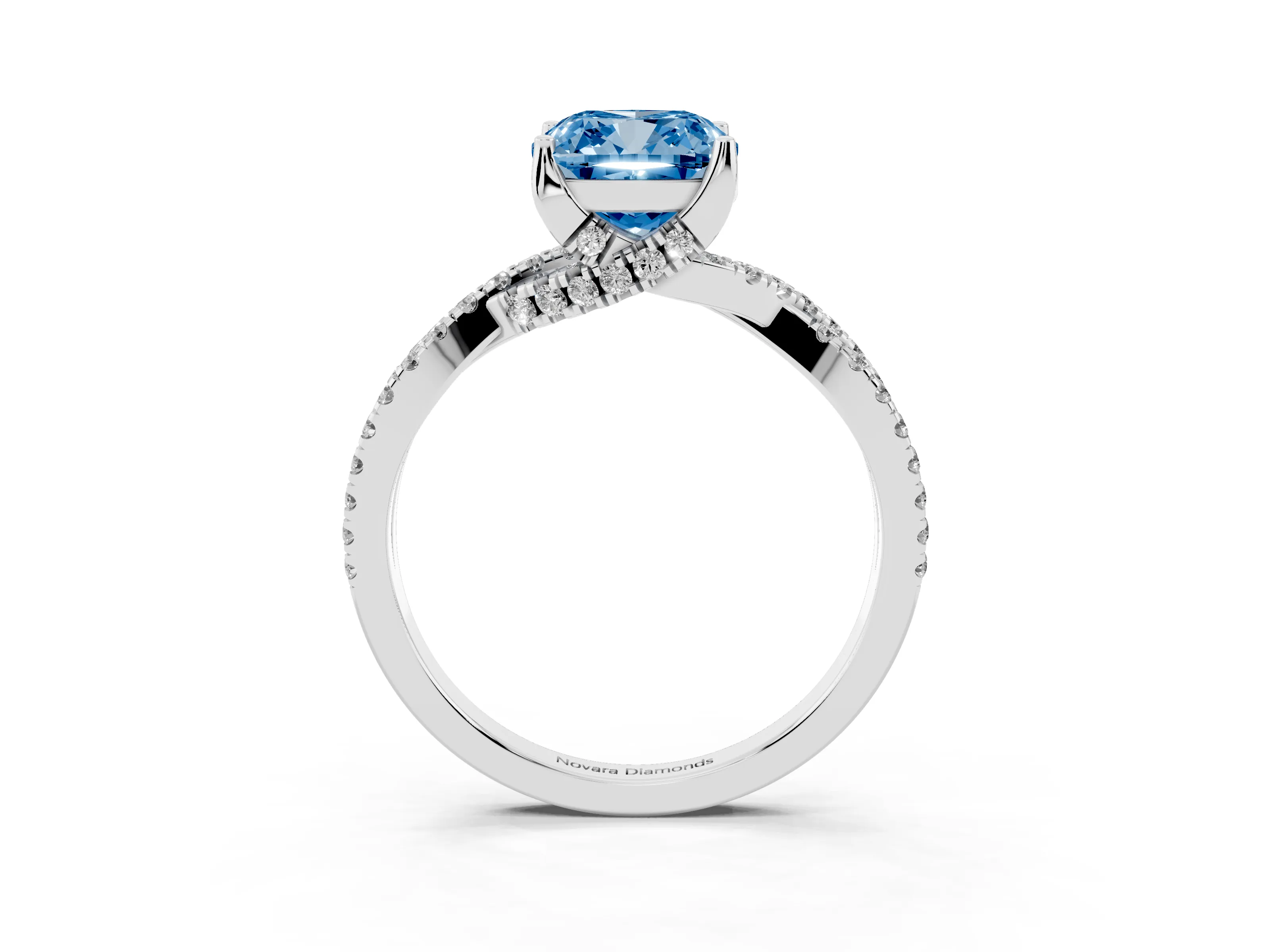 Fancy Blue Cushion Cut Diamond Twist Pavé Solitaire Engagement Ring Set in Silver with Prong Setting