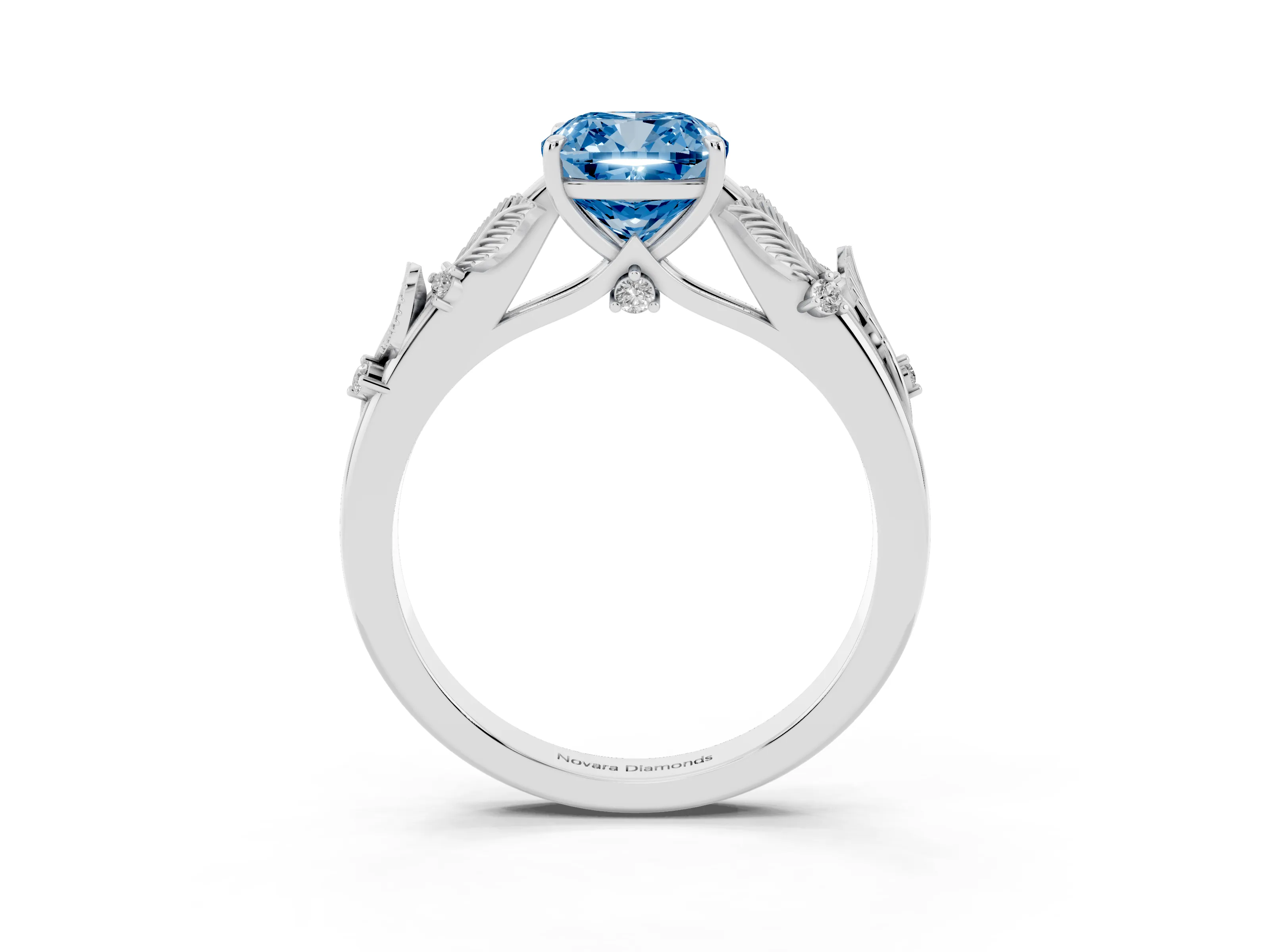 Fancy Blue Cushion Cut Diamond Solitaire Ring Set in Silver with Leaf Motif Band