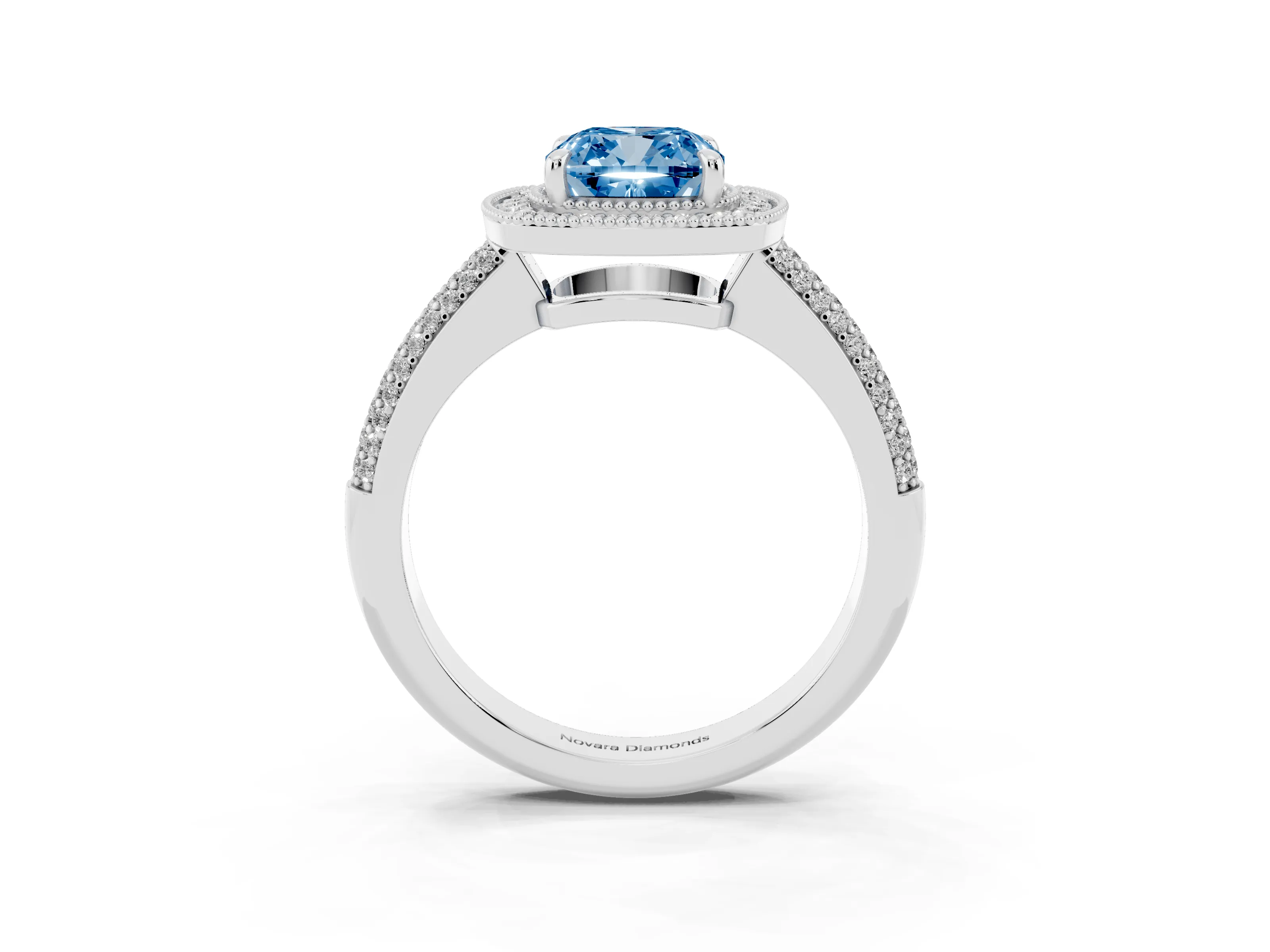 Fancy Blue Cushion Cut Diamond Halo Pavé Band Set in Platinum with Prong Setting