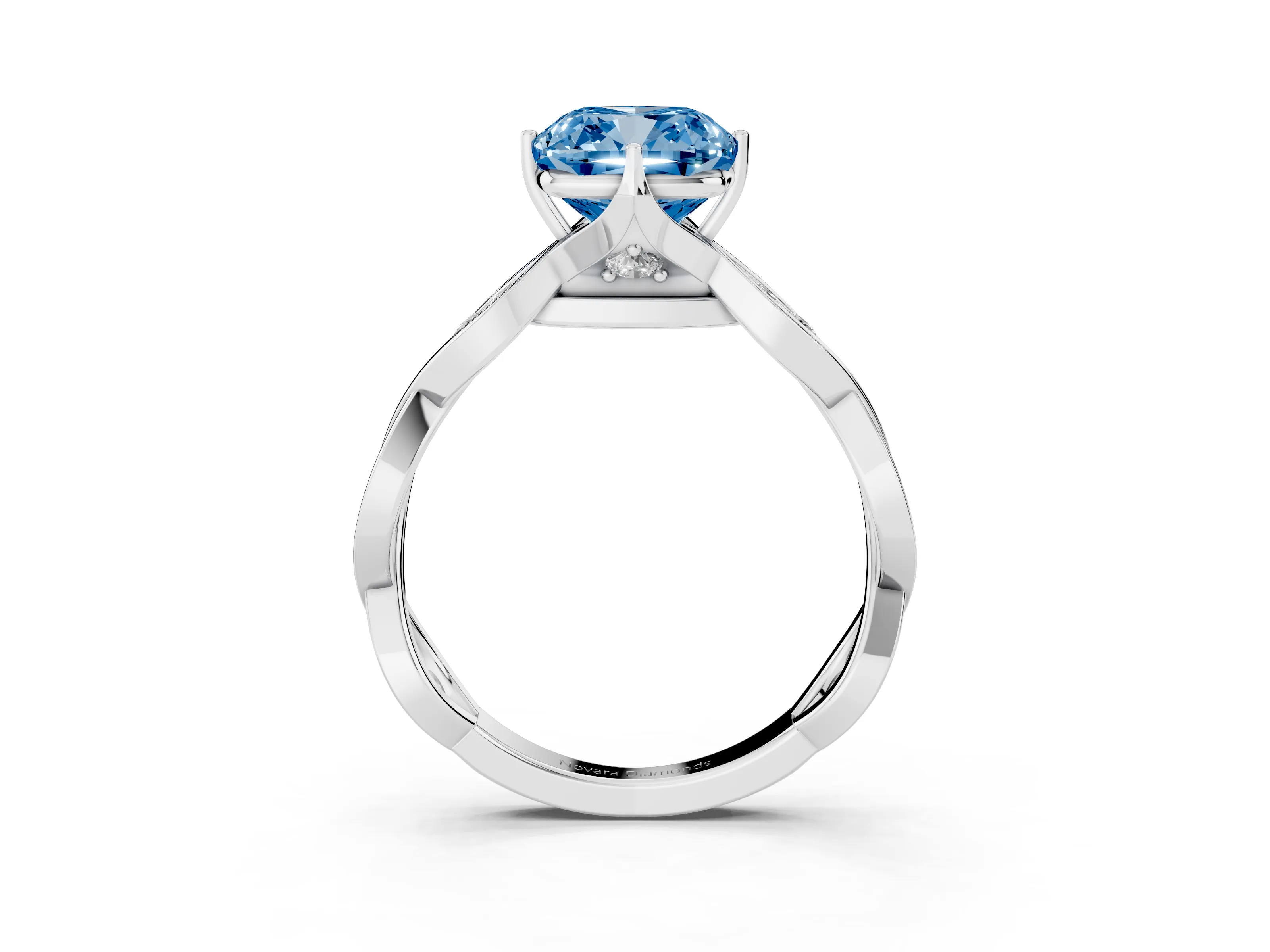 Fancy Blue Cushion Cut Diamond Twist Band Solitaire Ring Set in Silver with Leaf Prong Setting and Accent Stones