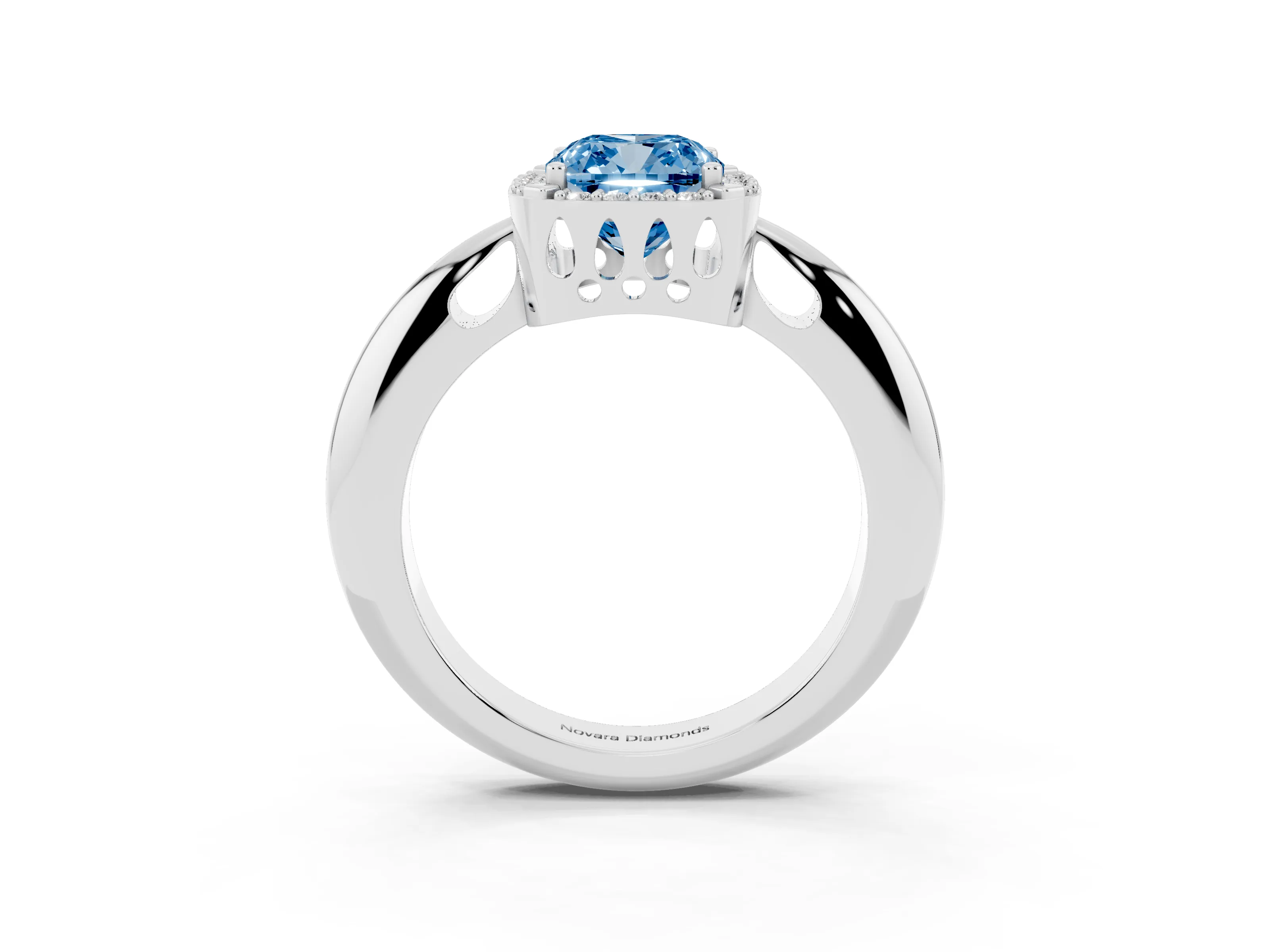 Fancy Blue Cushion Cut Diamond Halo Engagement Ring Set in Platinum with Plain Split Shank and Prong Setting