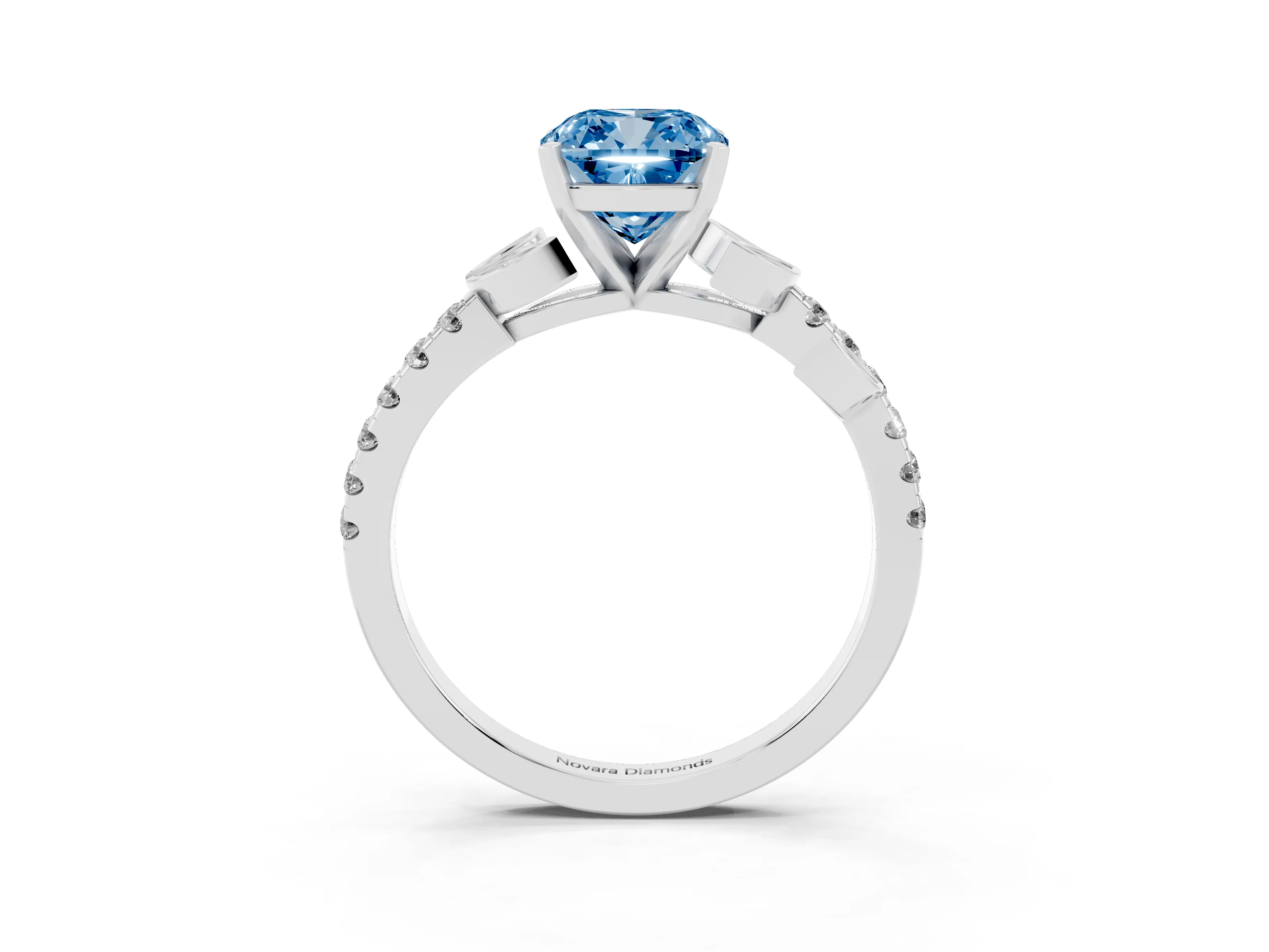 Fancy Blue Cushion Cut Diamond Solitaire Leaf-Inspired Ring Set in Platinum with Pavé Band and Prong Setting