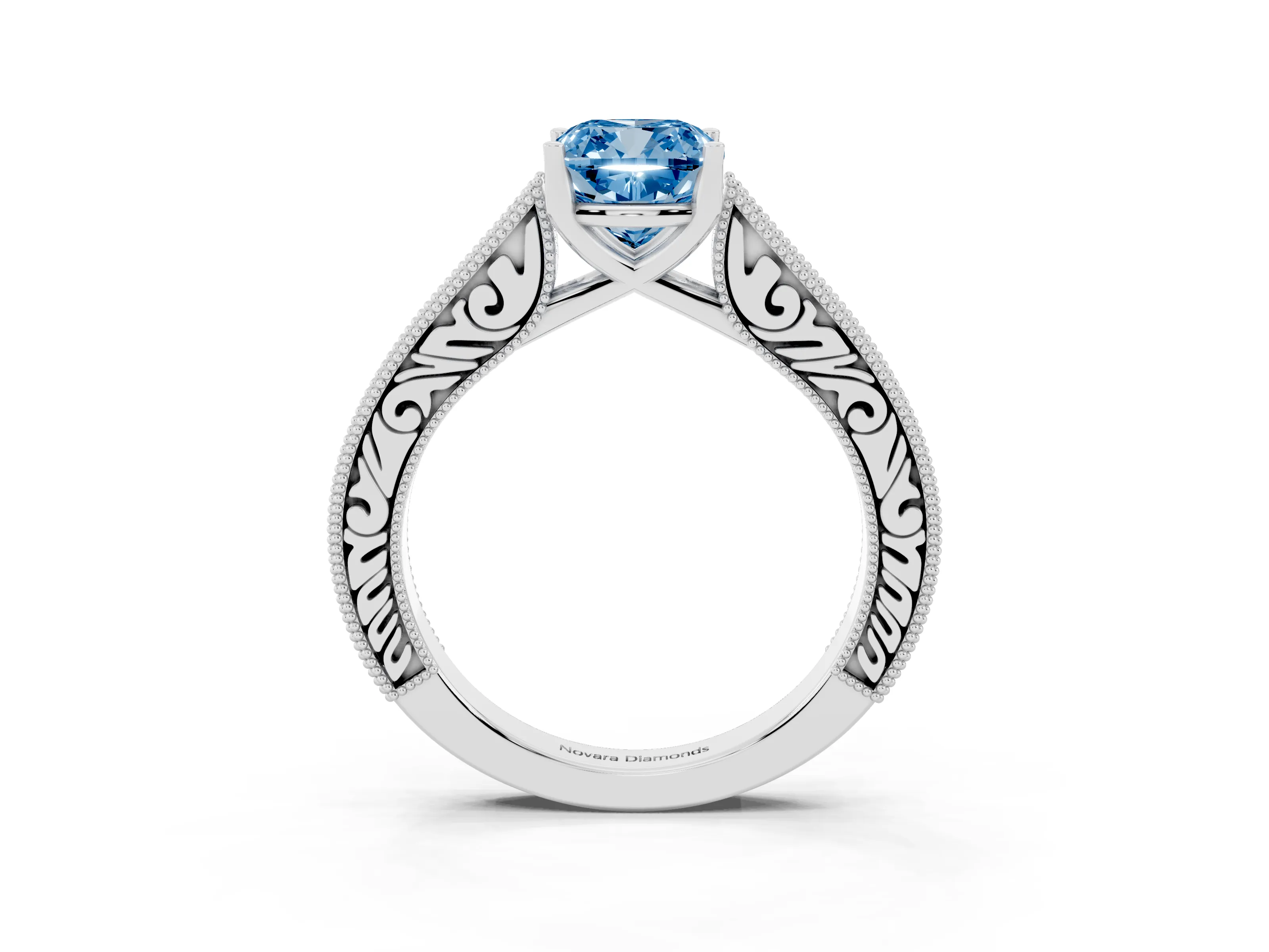 Fancy Blue Cushion Cut Diamond Milgrain Pavé Band Solitaire Ring Set in White gold with Prong Setting