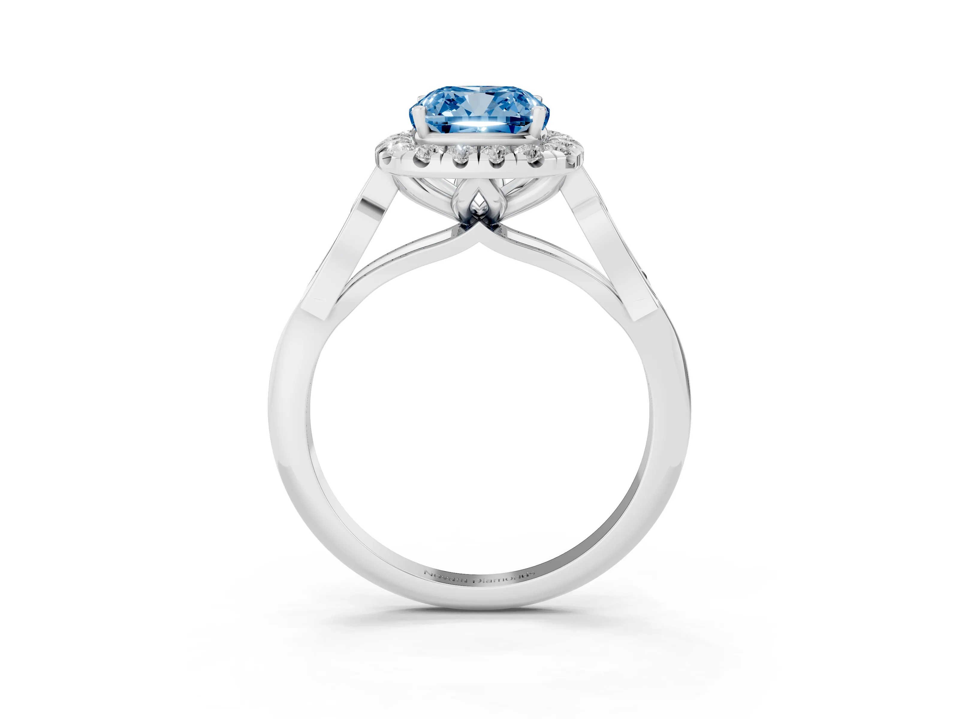 Fancy Blue Cushion Cut Diamond Halo Engagement Ring Set in Platinum with Filigree Band and Prong-Set Center