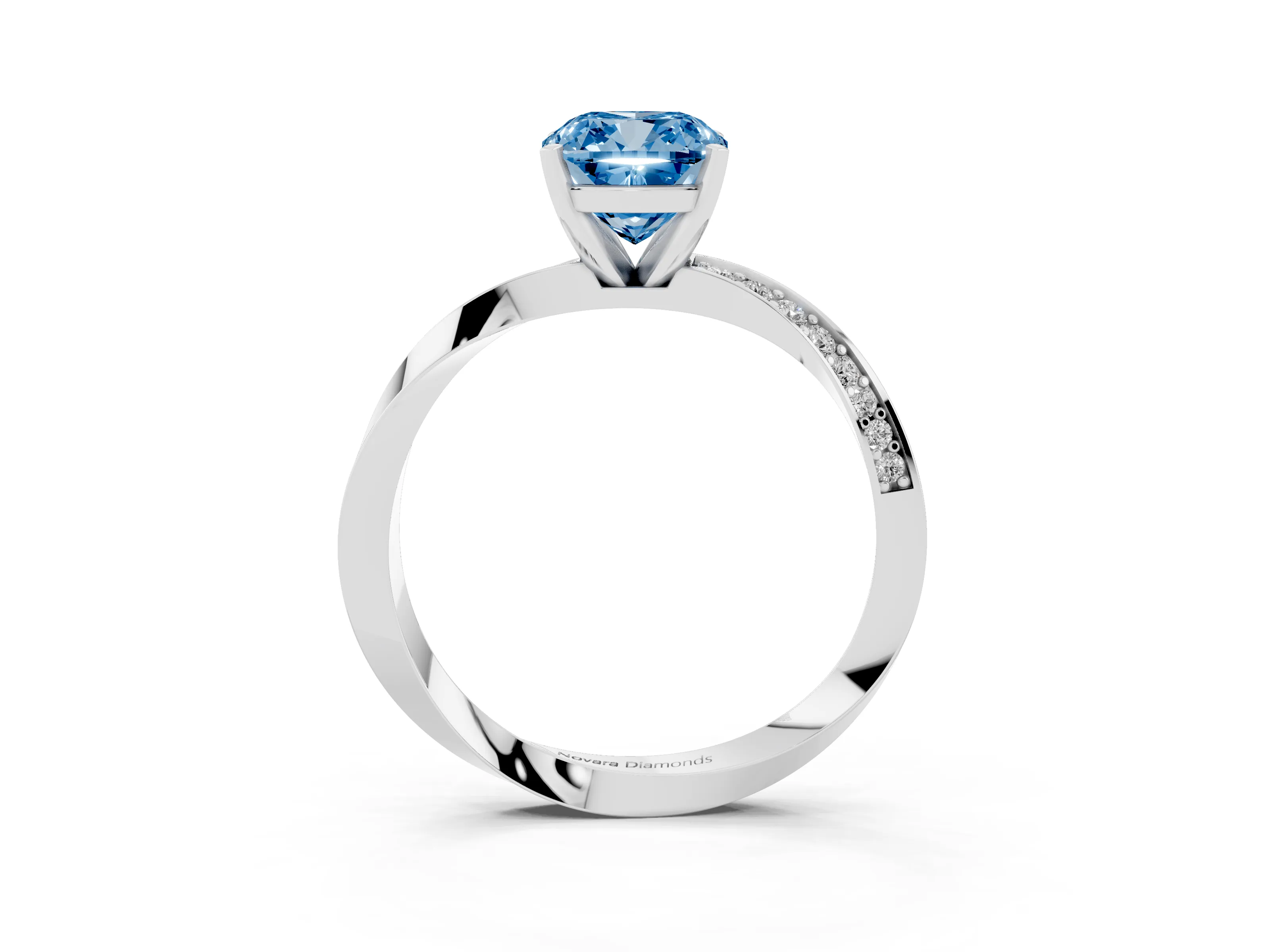 Fancy Blue Cushion Cut Diamond Engagement Ring Set in White gold with Side Stone Accents and Prong Setting