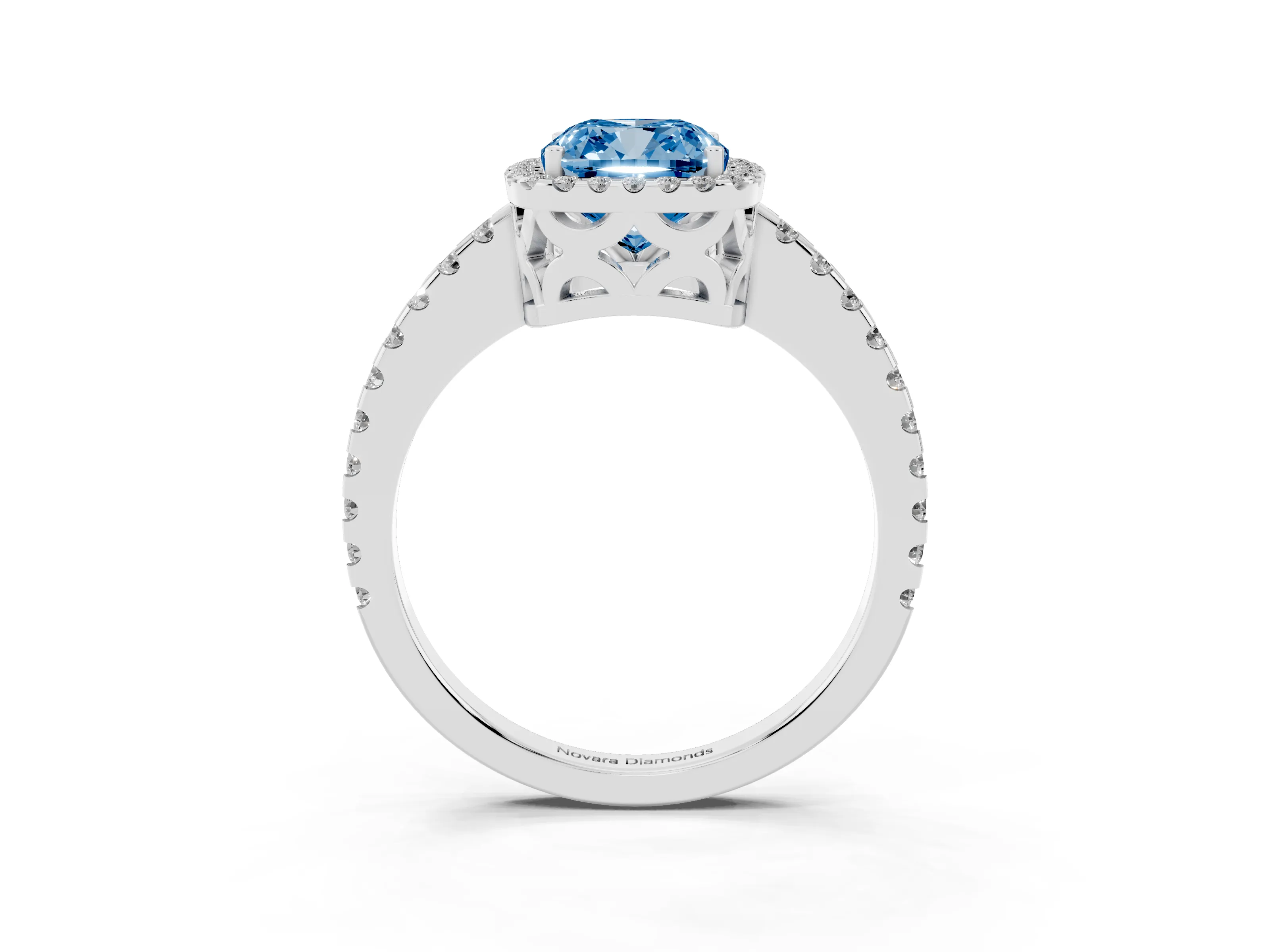 Fancy Blue Cushion Cut Diamond Halo Ring Set in Platinum with Pavé Shoulders and Halo-Framed Center