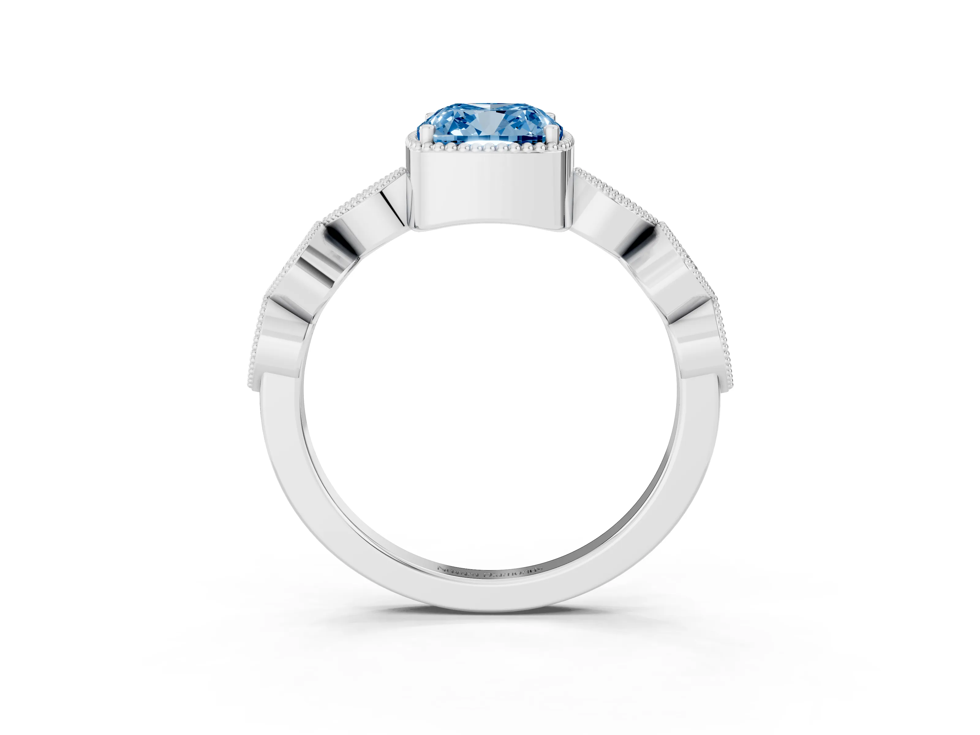 Fancy Blue Cushion Cut Diamond Vintage-Inspired Milgrain Ring Set in White gold with Marquise Stations of Round Accents