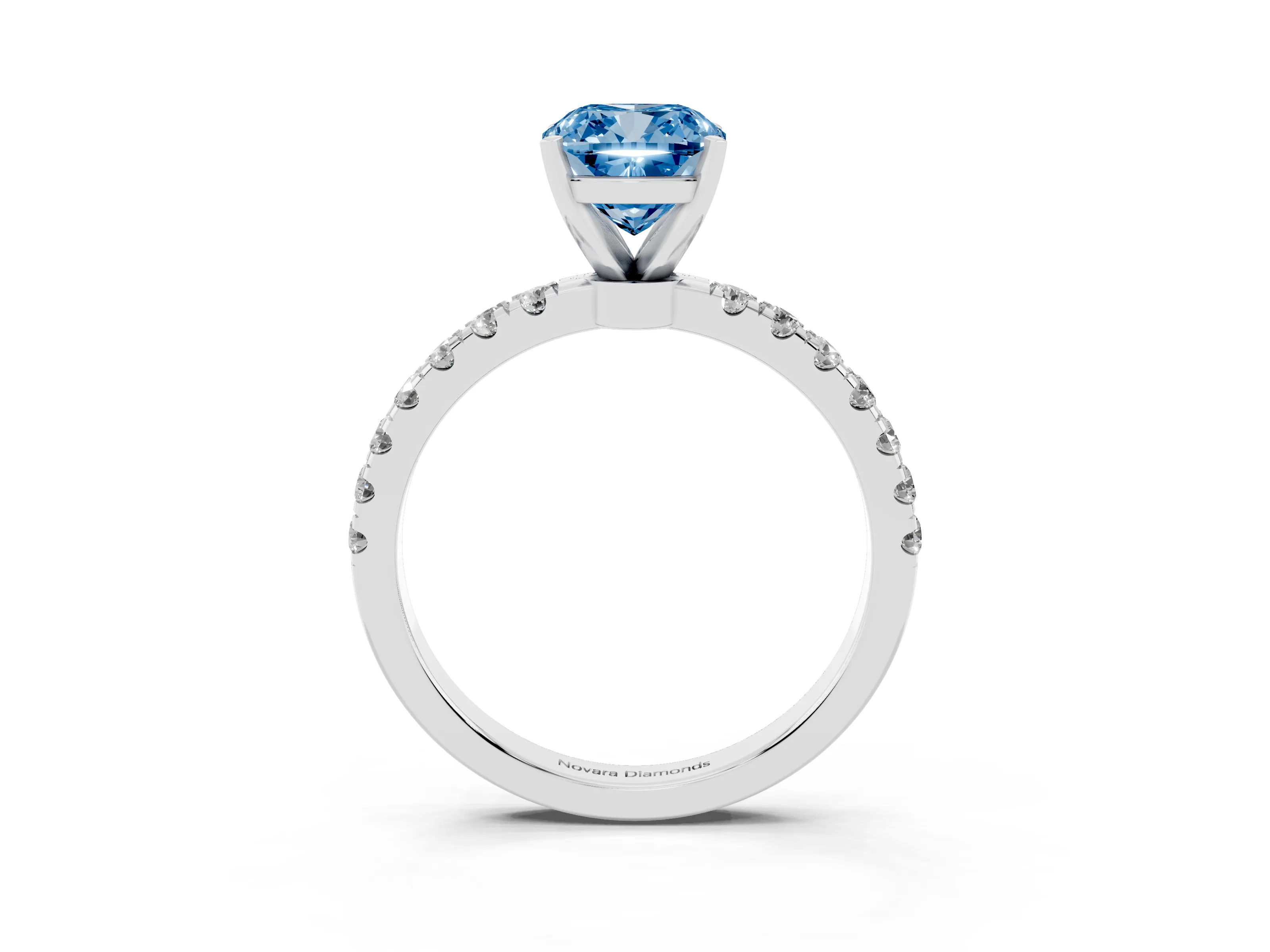 Fancy Blue Cushion Cut Diamond Solitaire Ring Set in Silver with Pavé Accents and Prong Setting