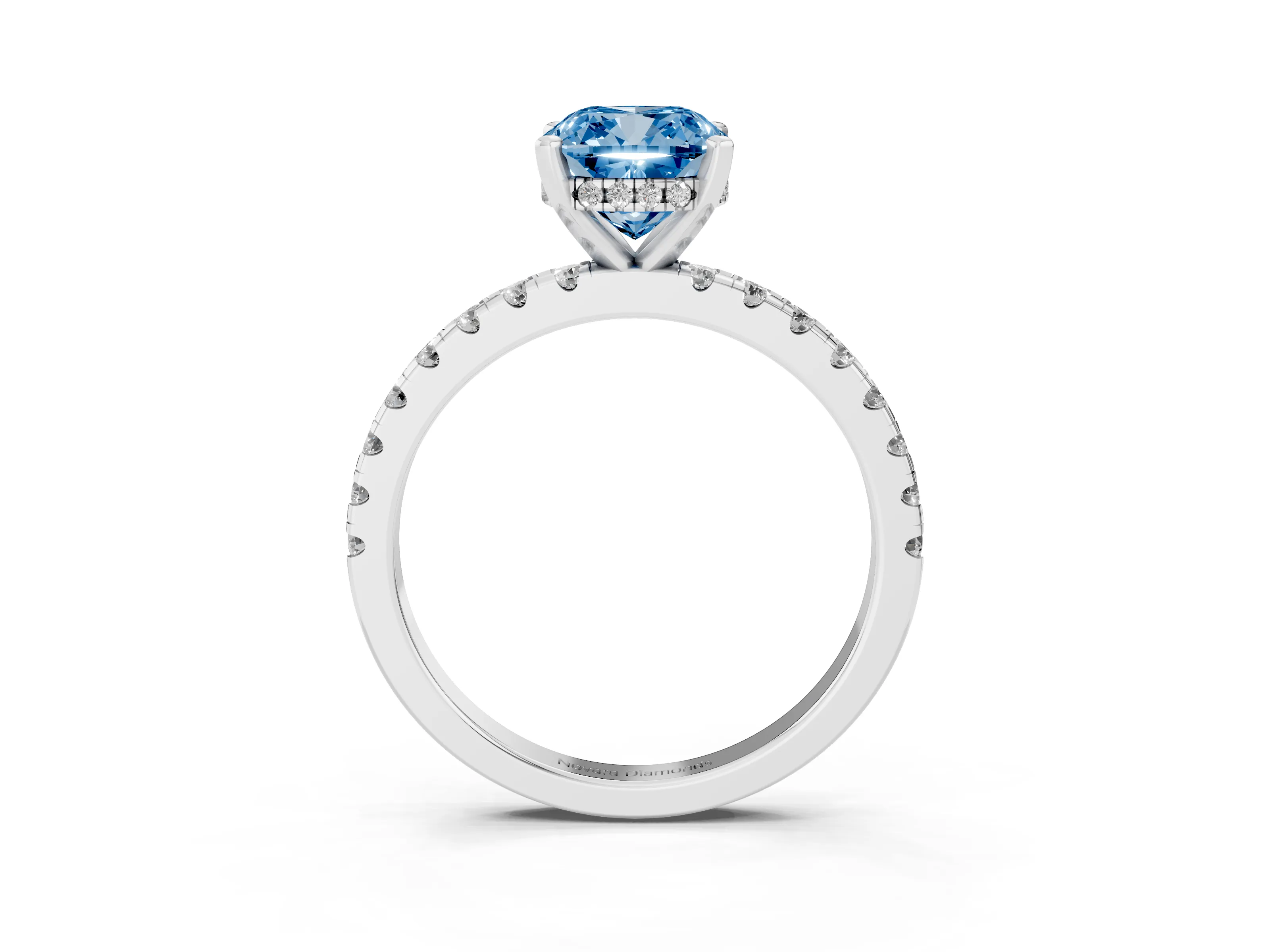 Fancy Blue Cushion Cut Diamond Pavé Solitaire Ring Set in White gold with Round Band Accents and Prong Setting
