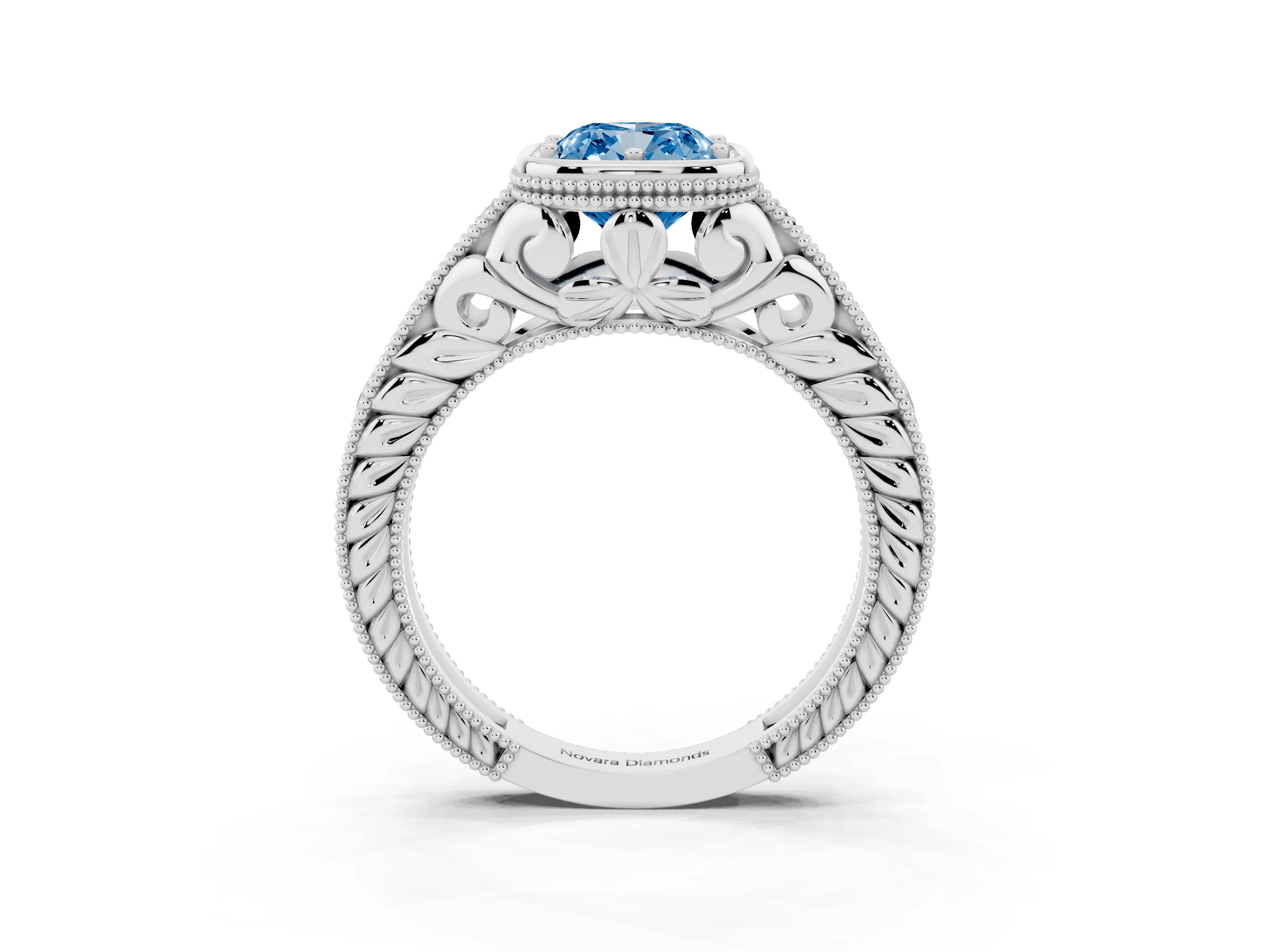 Fancy Blue Bezel Set Cushion Cut Diamond Milgrain Pavé Engagement Ring Set in White gold