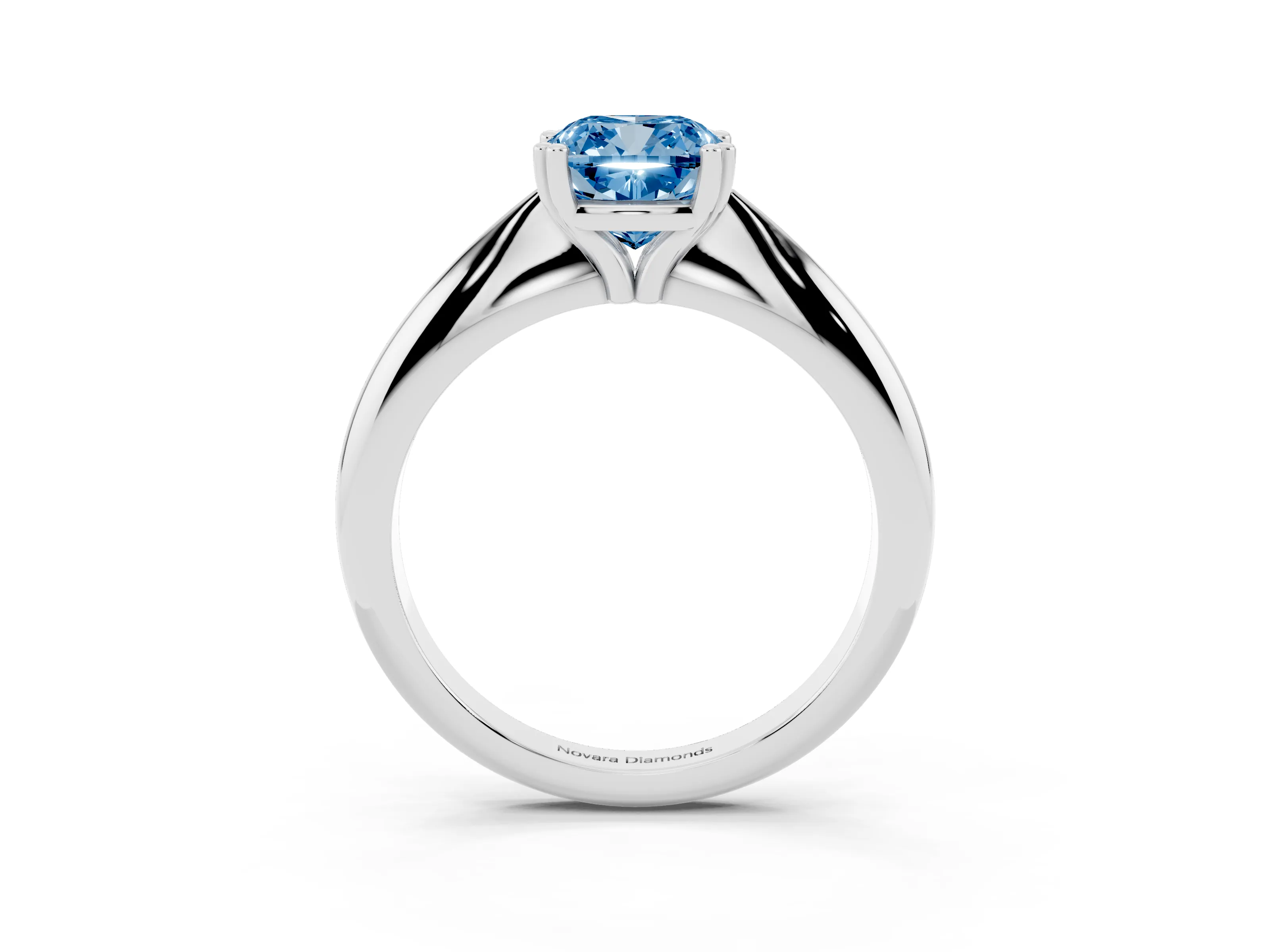 Fancy Blue Cushion Cut Diamond Solitaire Engagement Ring Set in Silver with Tapered Band and Prong Setting