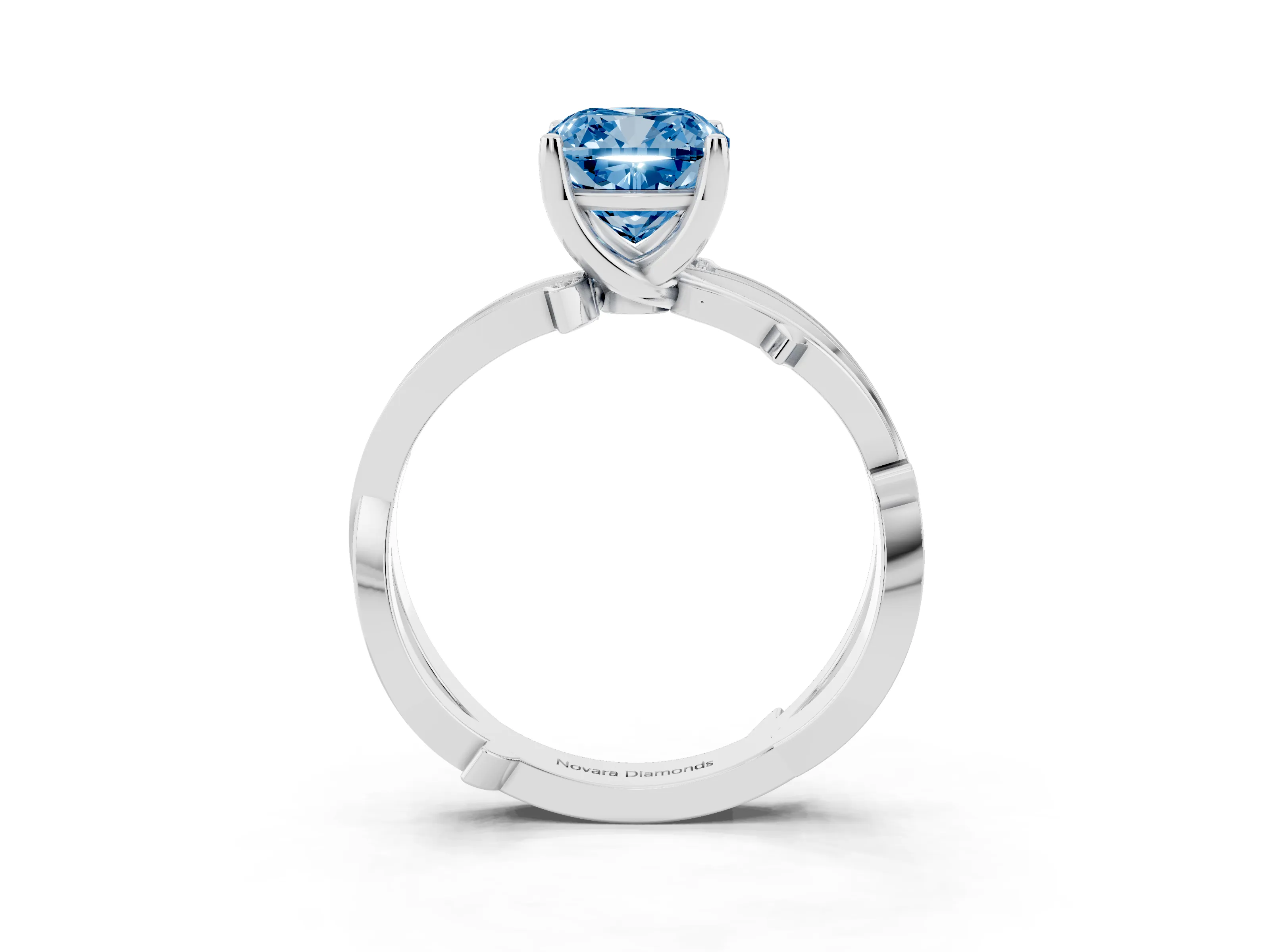 Fancy Blue Cushion Cut Diamond Pavé Twist Band Solitaire Ring Set in Silver with Prong Setting