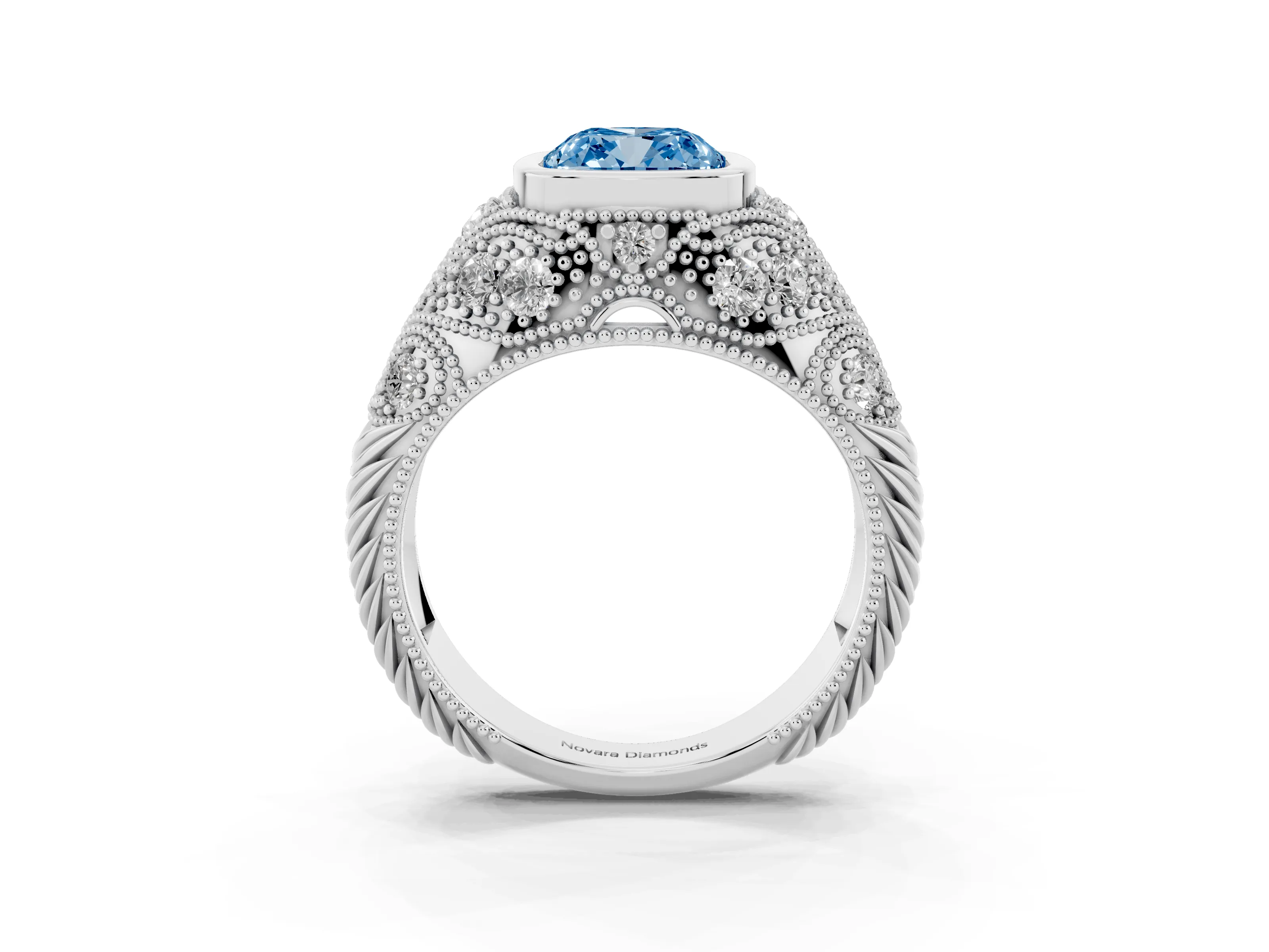 Fancy Blue Cushion Cut Diamond Bezel Ring Set in Silver with Milgrain Accent Band