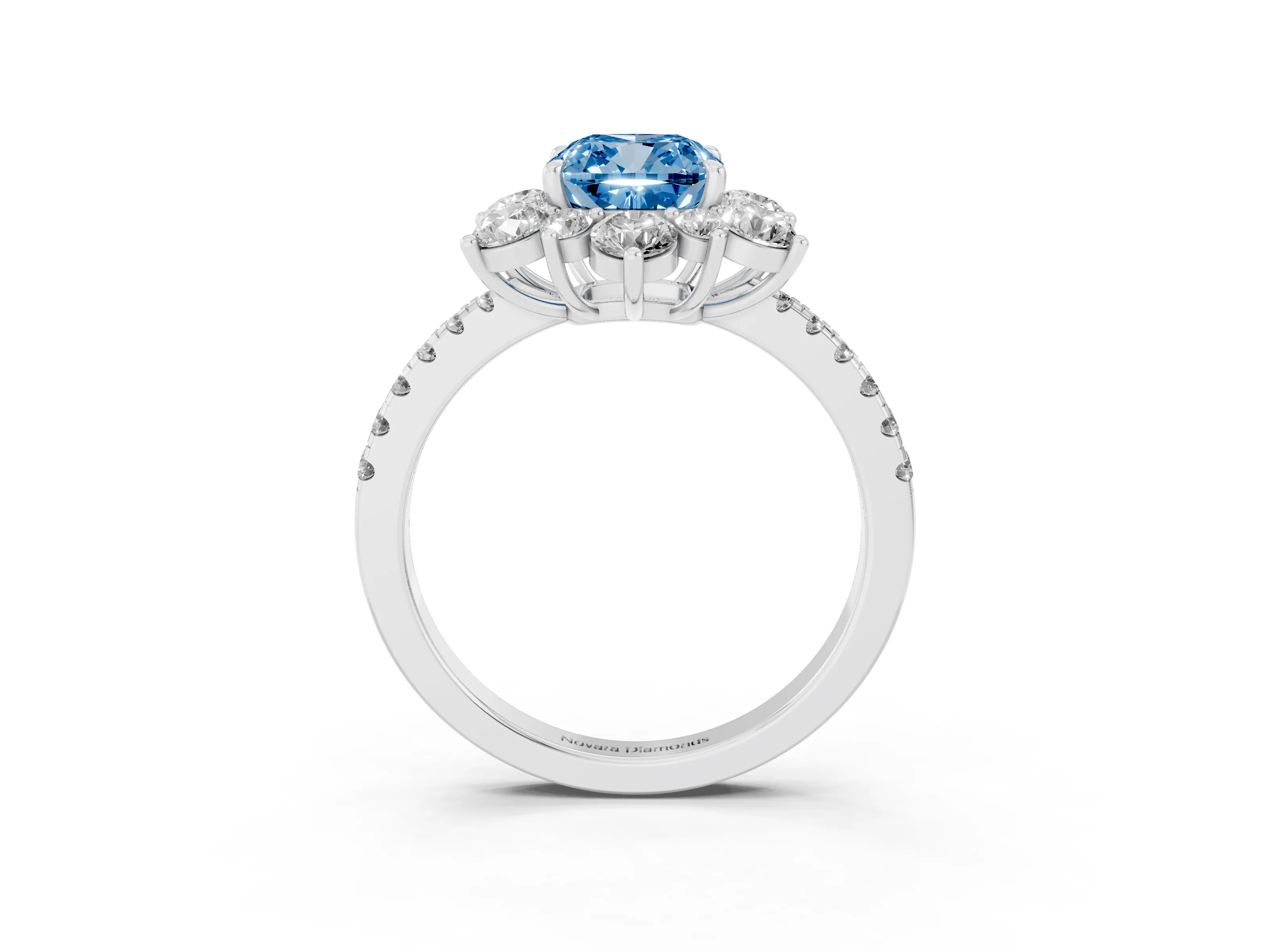 Fancy Blue Cushion Cut Diamond Floral Halo Ring Set in Silver with Round Pavé Band and Prong Setting