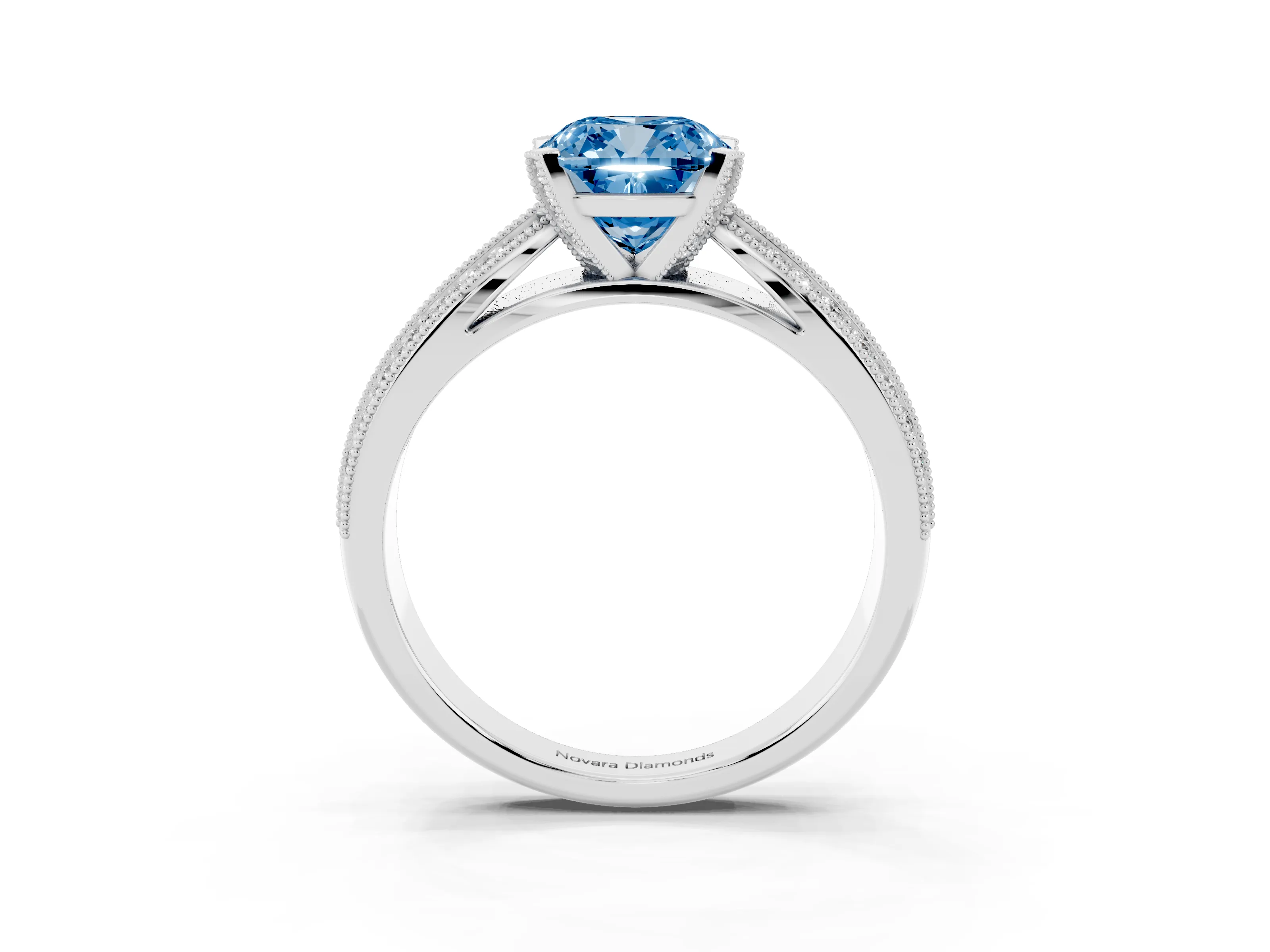 Fancy Blue Cushion Cut Diamond Solitaire Ring Set in White gold with Milgrain Double Row Round Pavé Band