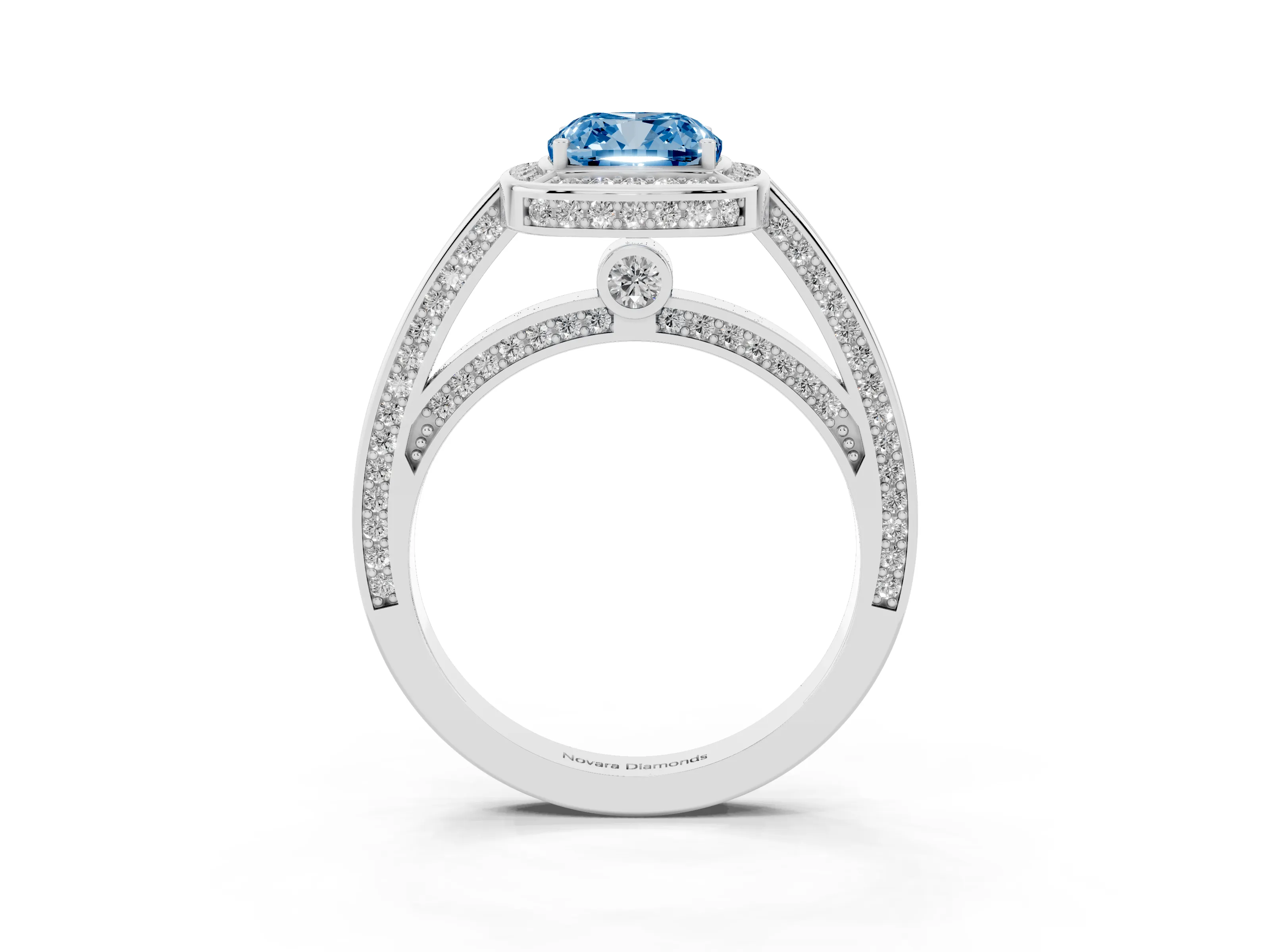 Fancy Blue Cushion Cut Diamond Halo Pavé Split Shank Ring Set in White gold with Prong Setting