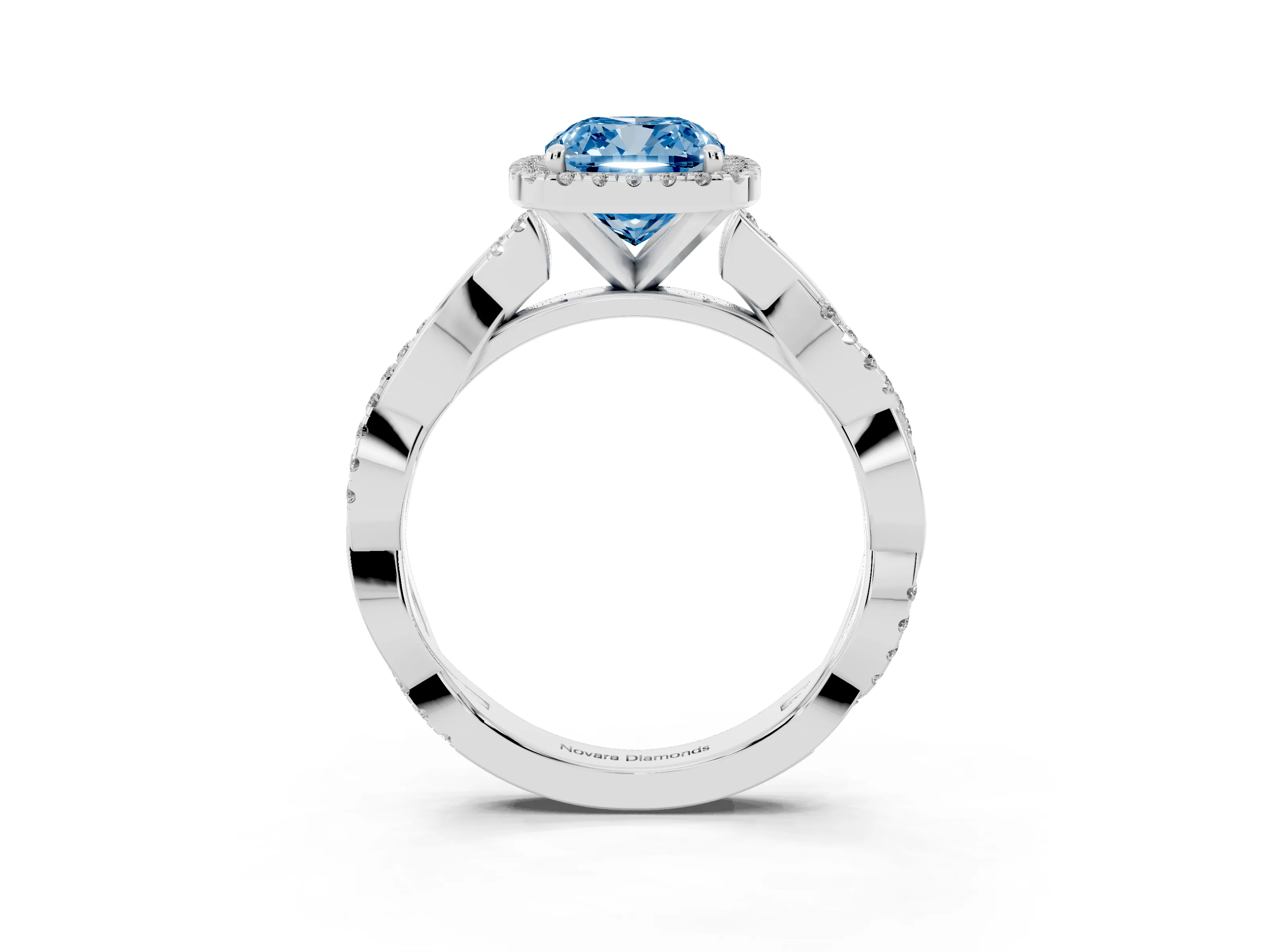 Fancy Blue Cushion Cut Diamond Halo Twisted Band Ring Set in Platinum with Prong Setting