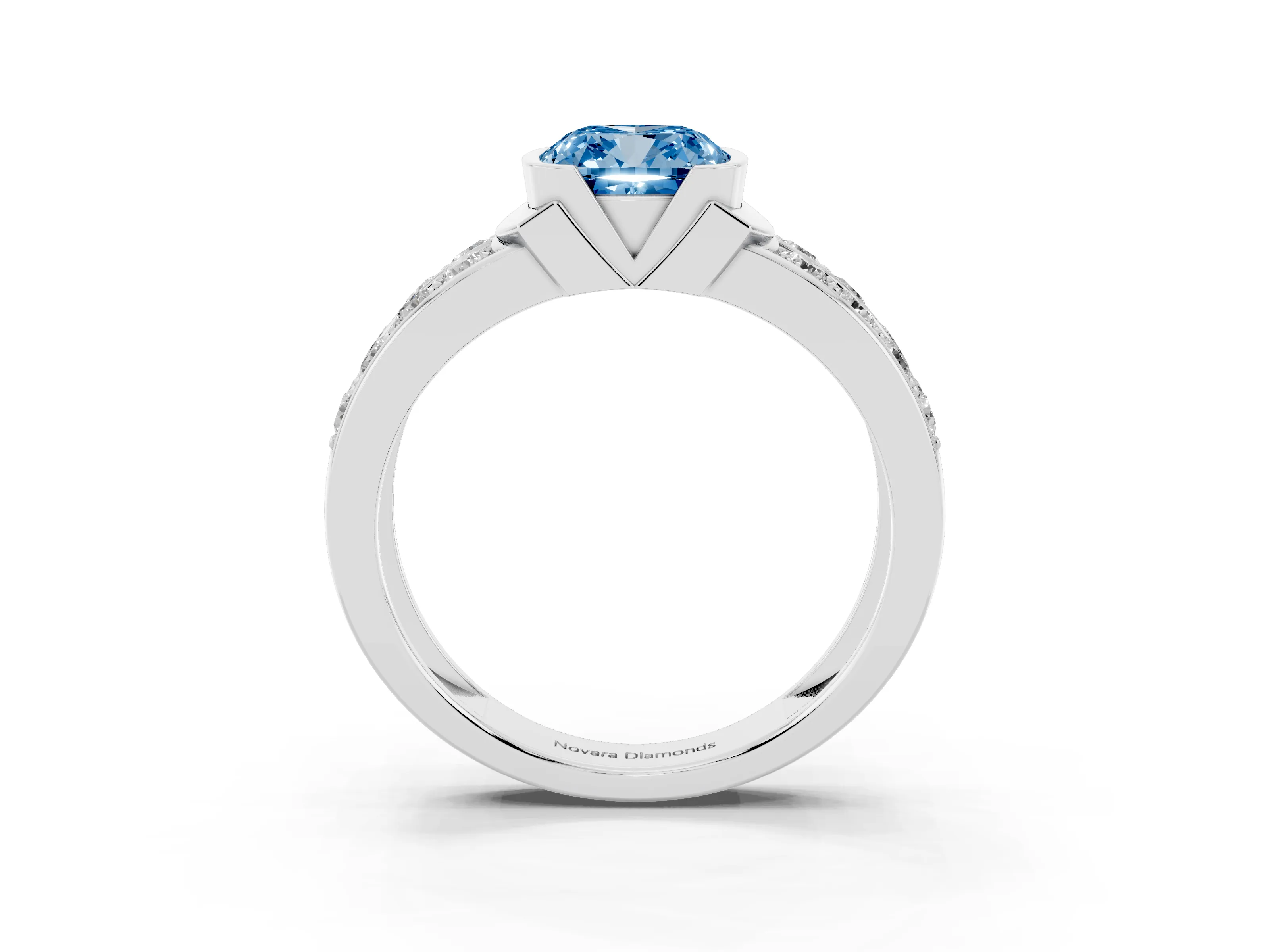 Fancy Blue Cushion Cut Diamond Wide Channel Set Band Ring Set in Platinum with Bezel Setting