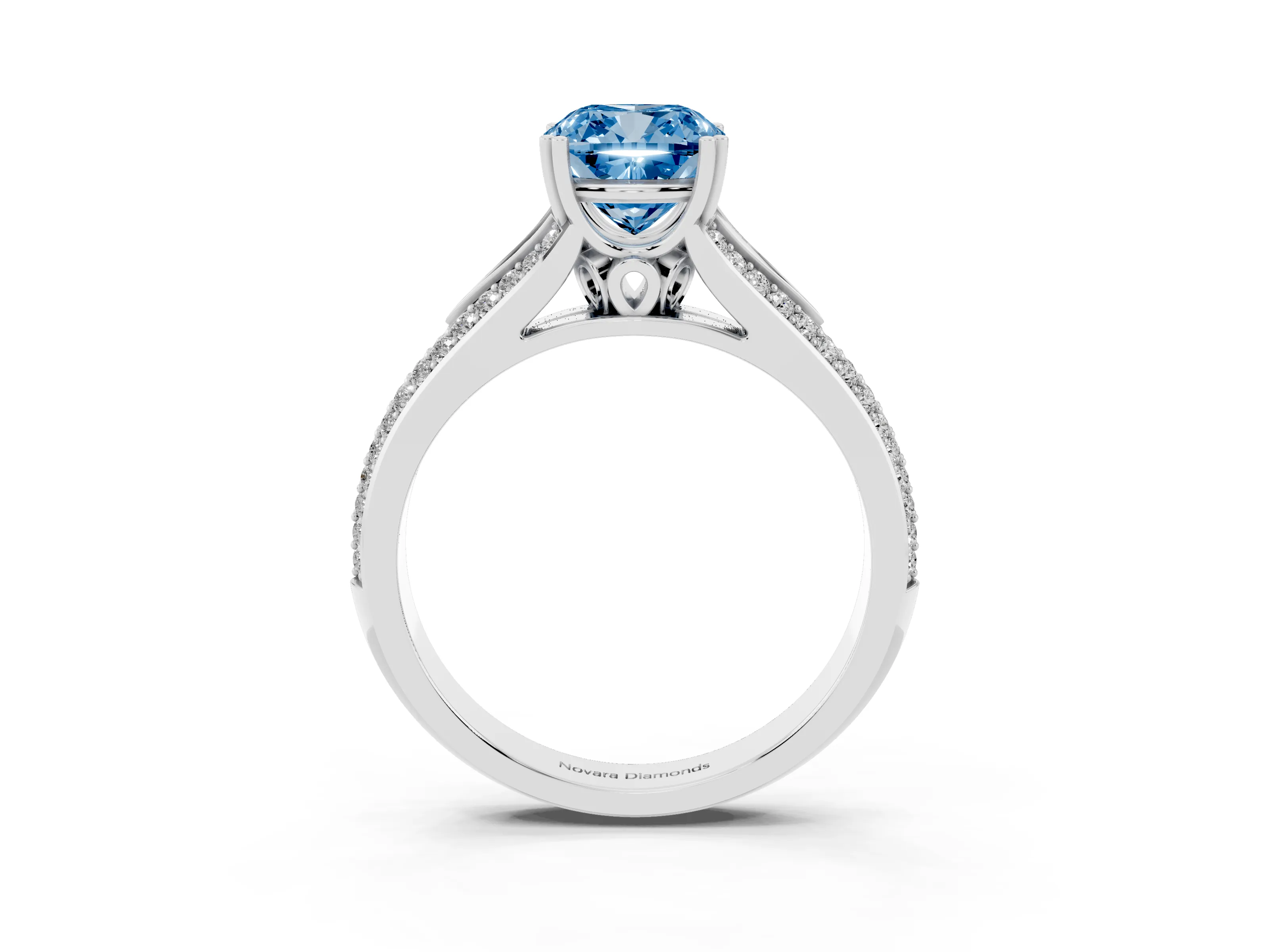 Fancy Blue Cushion Cut Diamond Split Shank Pavé Engagement Ring Set in White gold with Prong-Set Center Stone