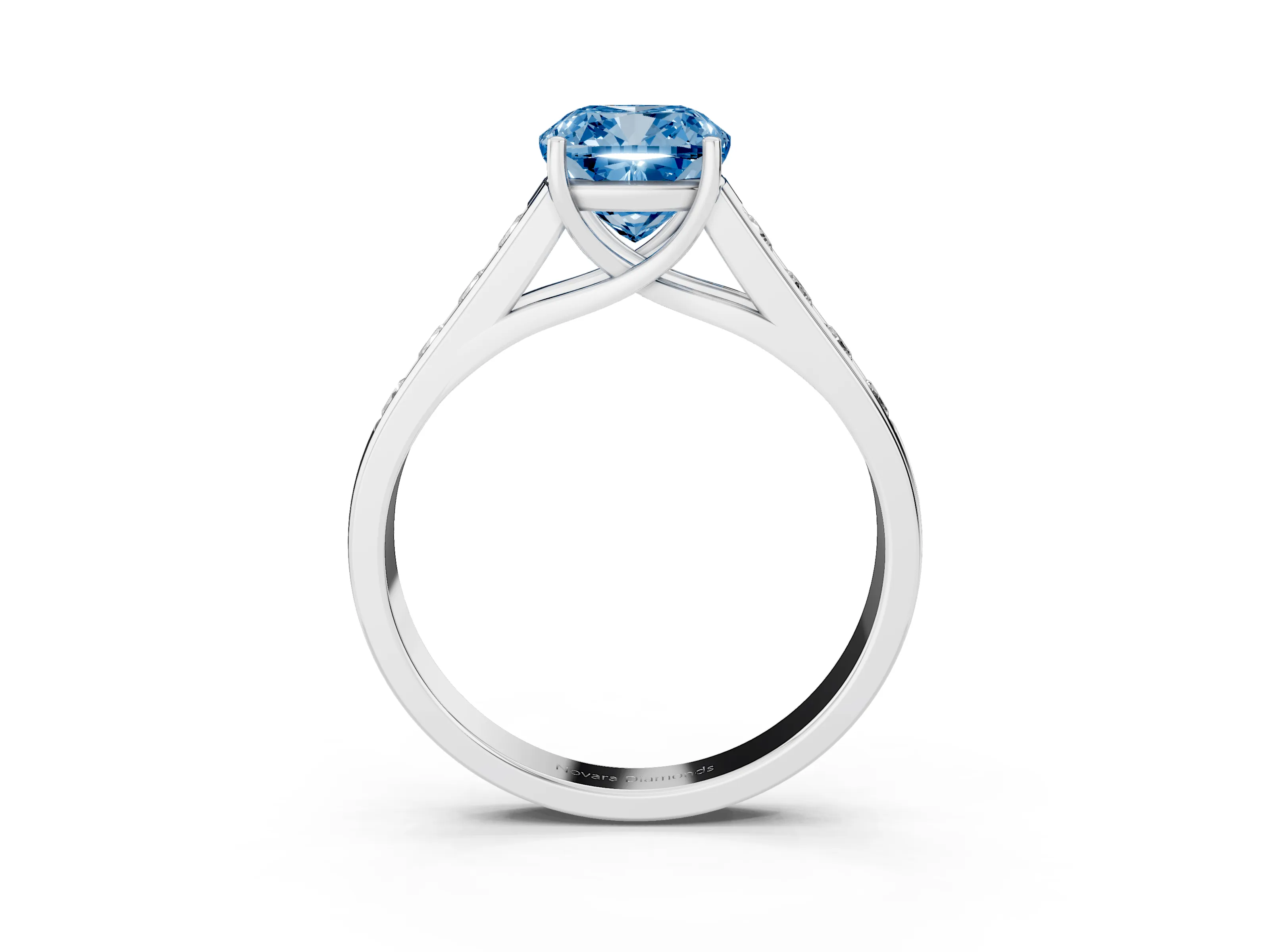 Fancy Blue Cushion Cut Diamond Brilliant Channel-Set Solitaire Ring Set in White gold with Prong Setting