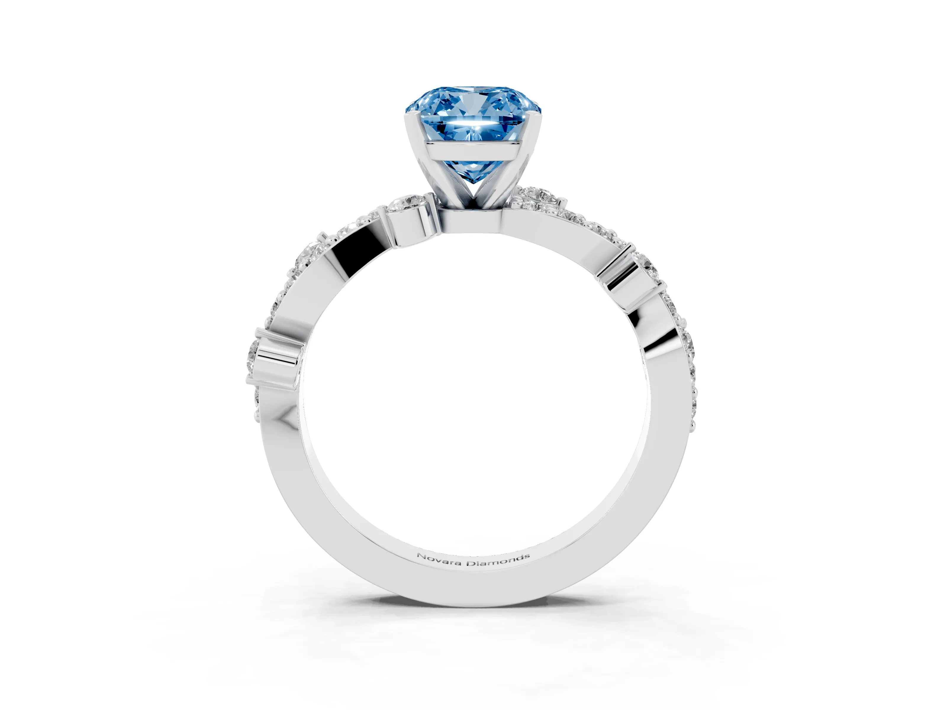 Fancy Blue Cushion Cut Diamond Solitaire Twisted Band Set in White gold with Pavé Setting
