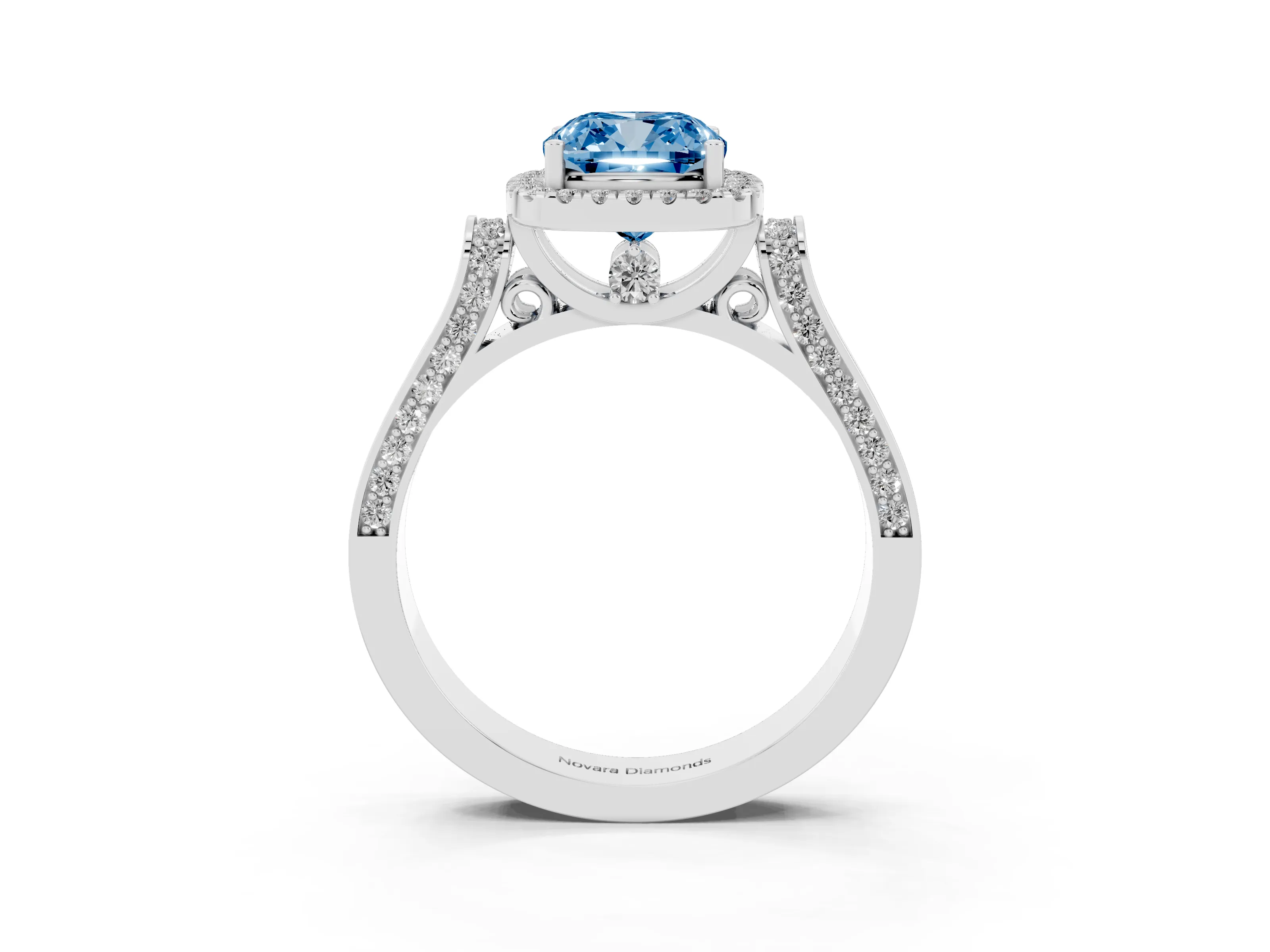 Fancy Blue Cushion Cut Diamond Halo Ring Set in Platinum with Pavé-Lined Split Shank Band