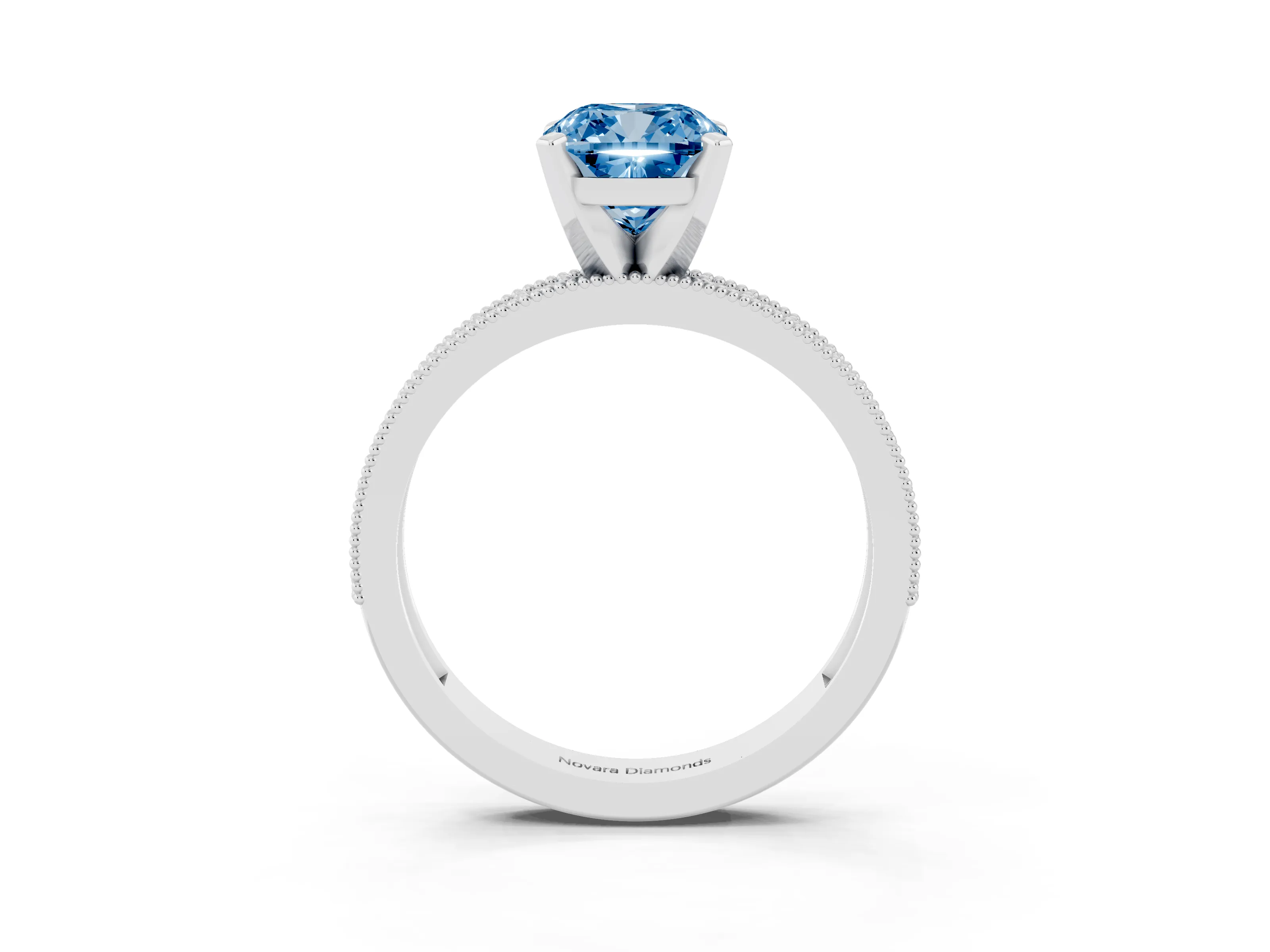 Fancy Blue Cushion Cut Diamond Milgrain Pavé Engagement Ring Set in White gold with Prong Setting