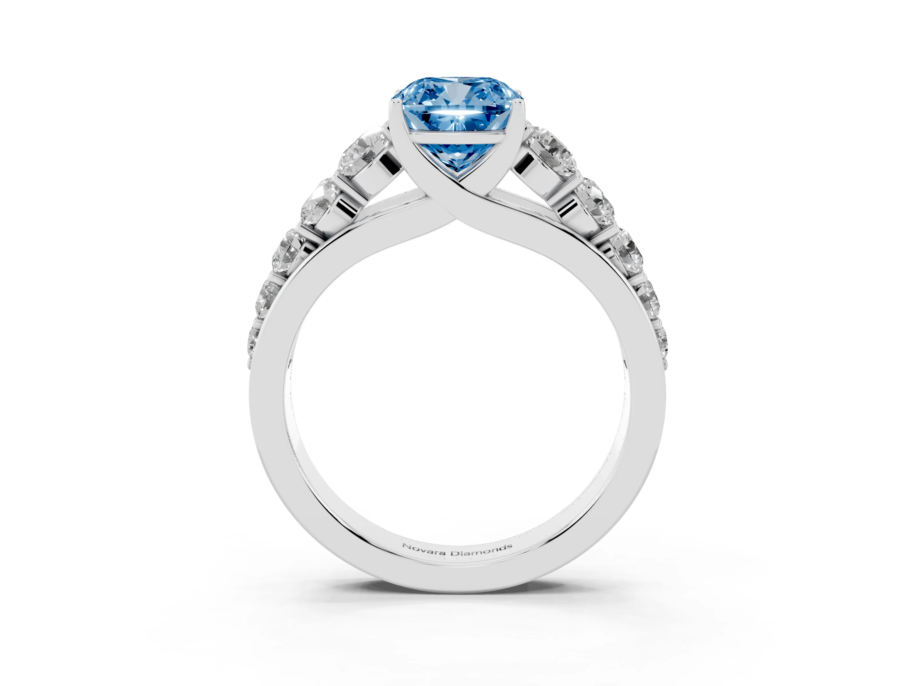 Fancy Blue Cushion Cut Diamond Solitaire Ring Set in Platinum with Pavé-Set Band and Prong Setting
