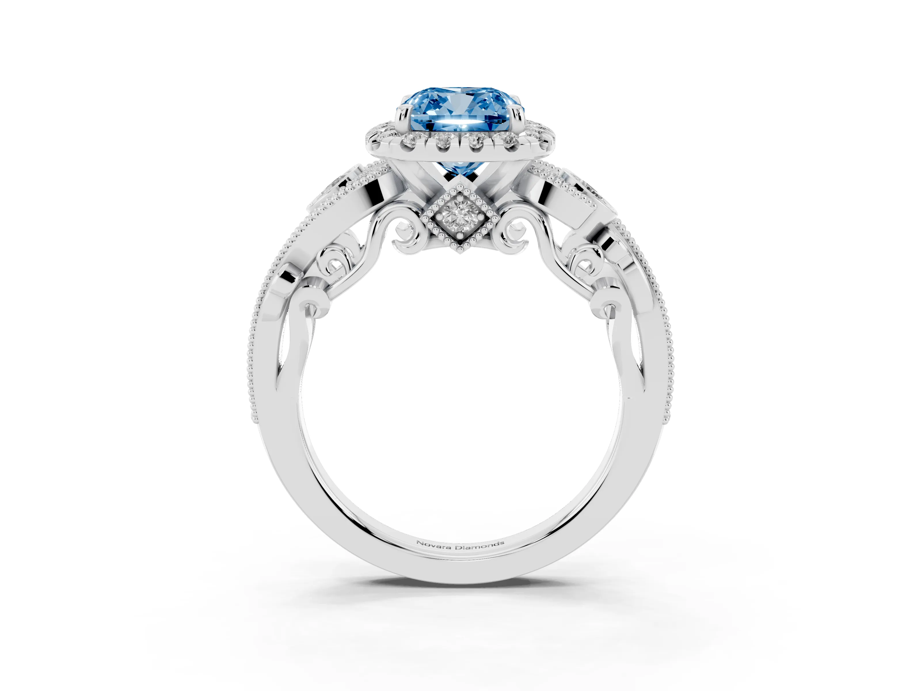 Fancy Blue Cushion Cut Diamond Halo Ring Set in Silver with Milgrain Pavé Band and Prong Setting