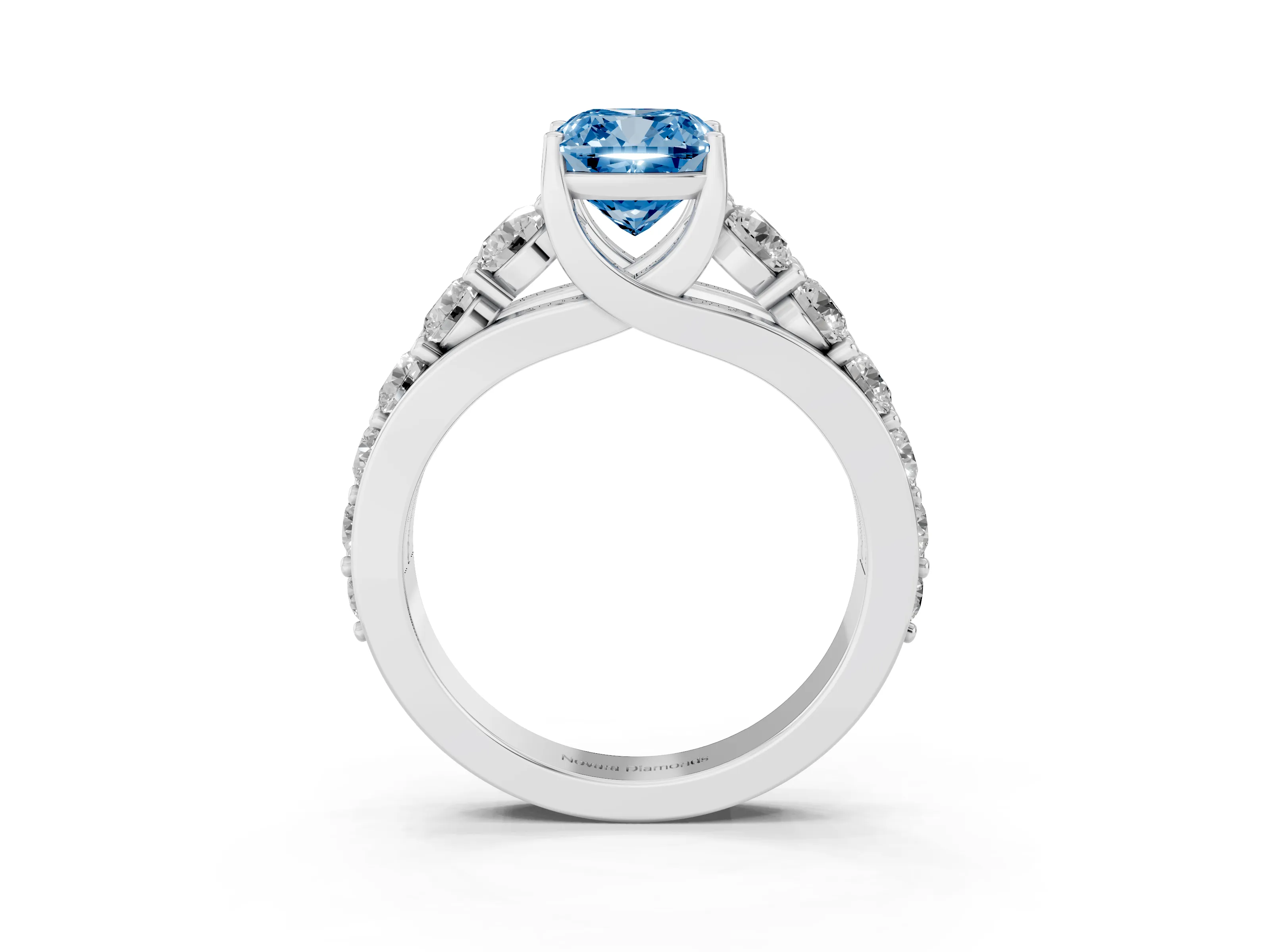 Fancy Blue Cushion Cut Diamond Pavé Engagement Ring Set in White gold with Prong Setting