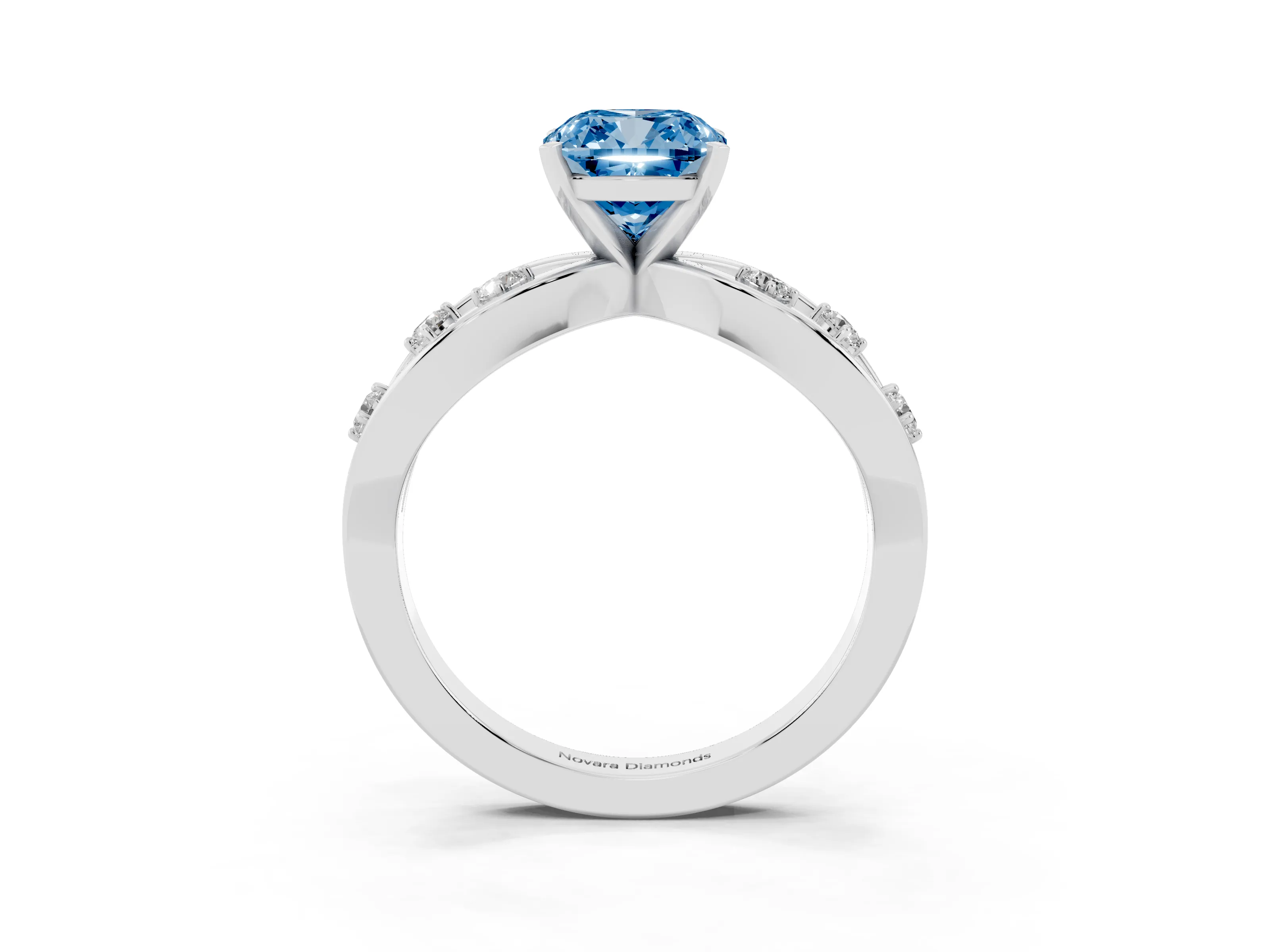 Fancy Blue Cushion Cut Diamond Solitaire Ring Set in Platinum with Side Stones on Criss-Cross Band and Prong Setting