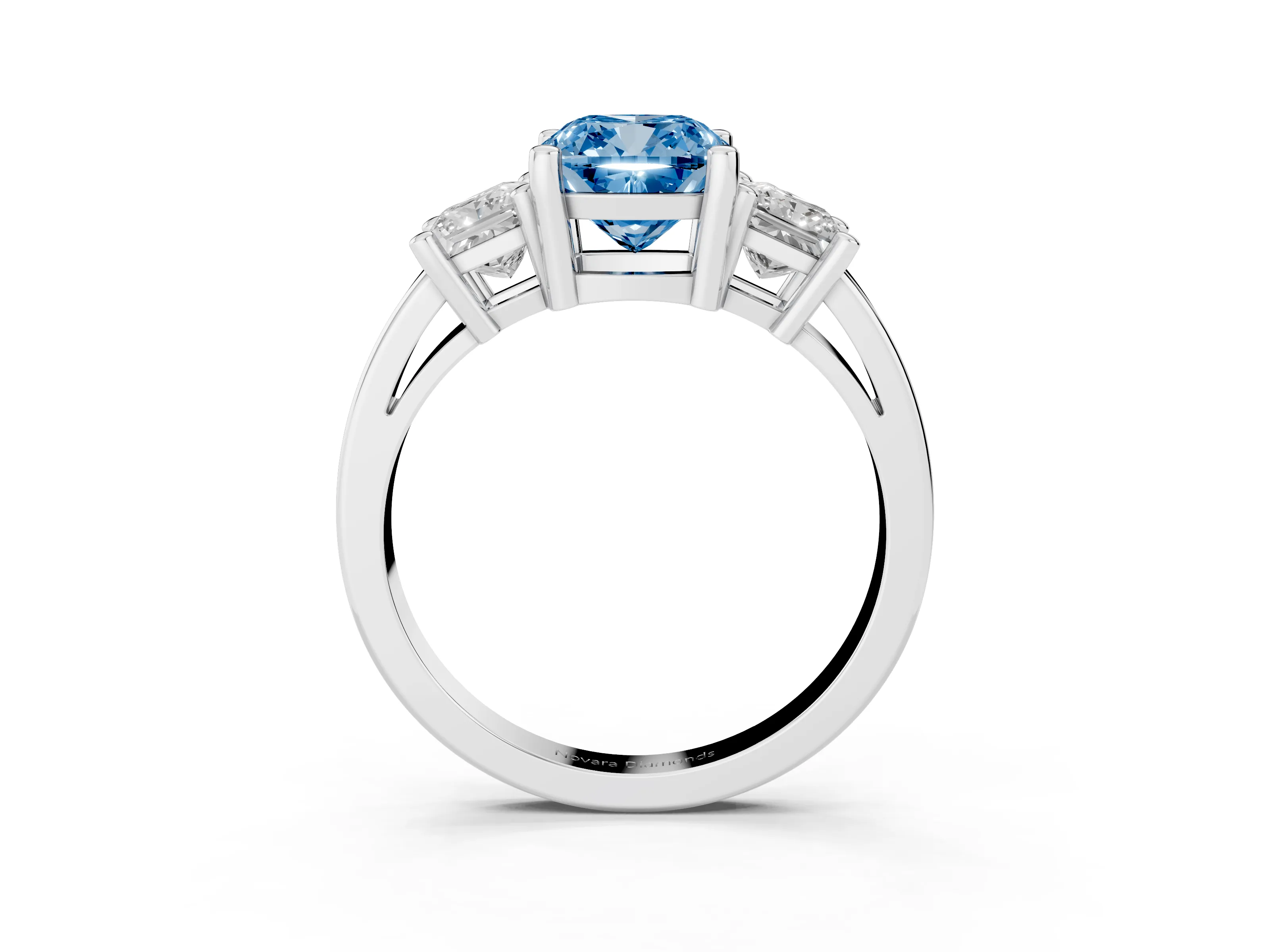 Fancy Blue Three-Stone Cushion Cut Diamond Solitaire Ring Set in Silver with Prong Setting
