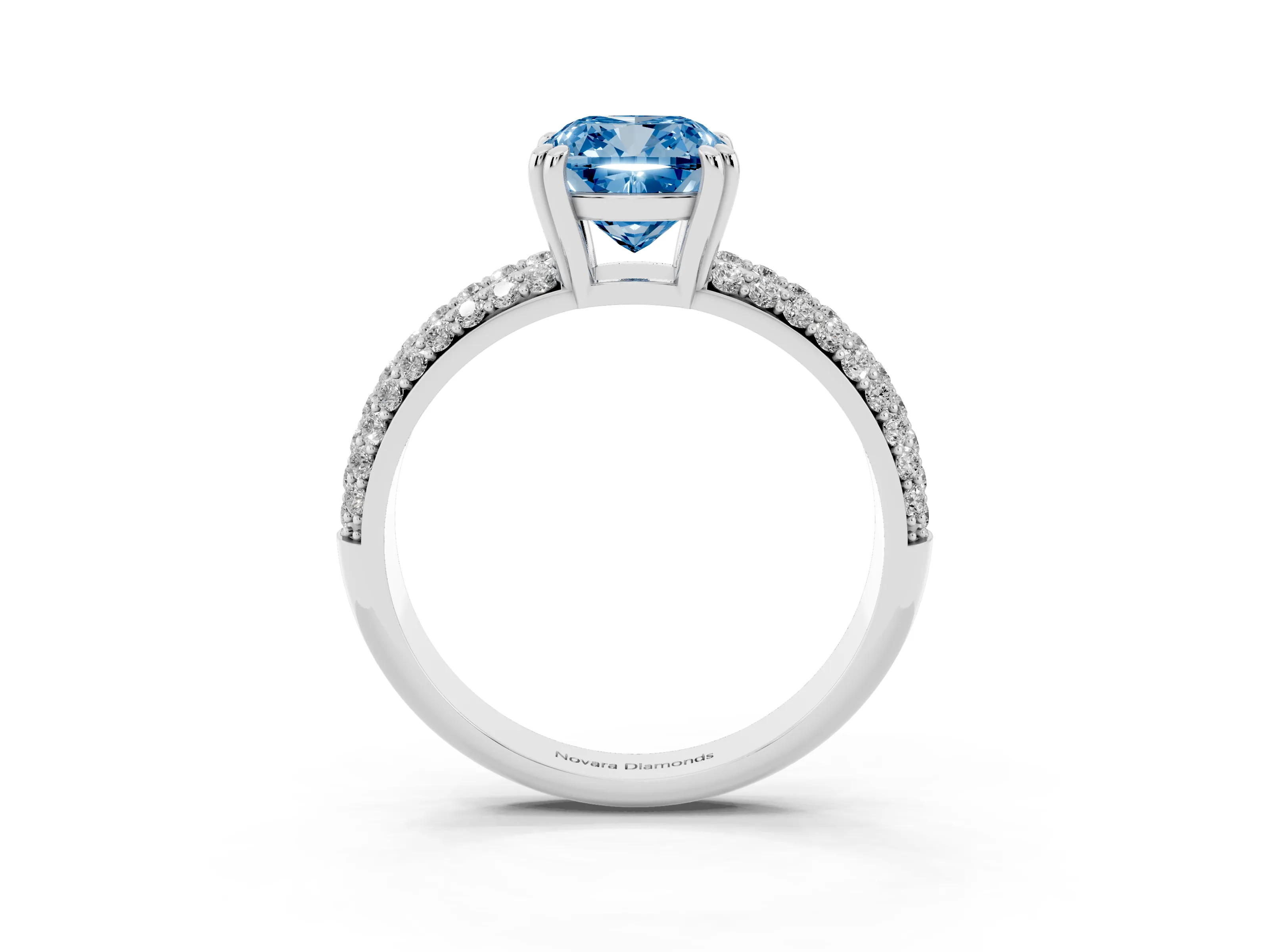 Fancy Blue Cushion Cut Diamond Solitaire Ring Set in Silver with Multi-Row Round Pavé Band and Prong Setting