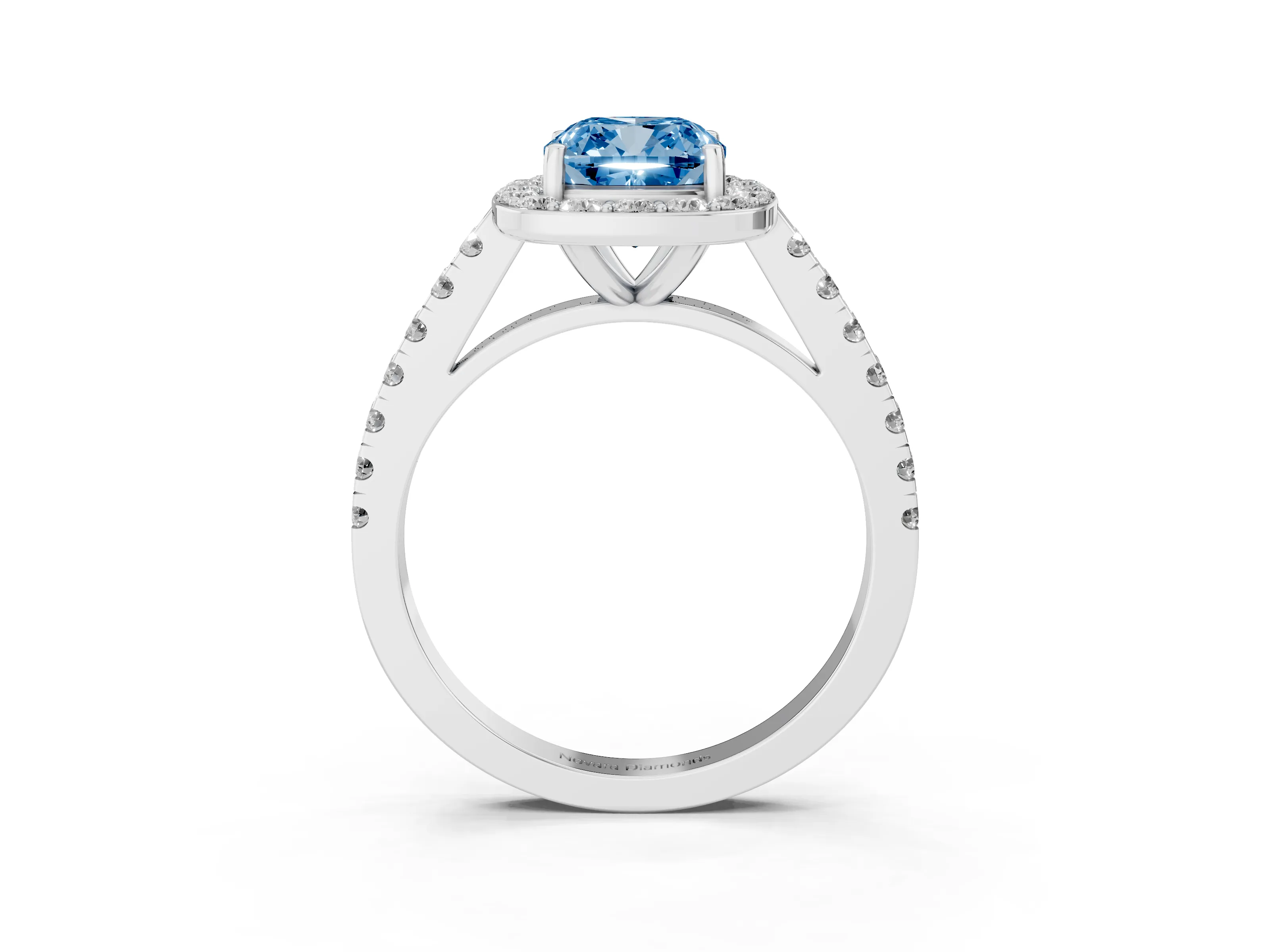 Fancy Blue Cushion Cut Diamond Halo Ring Set in Silver with Round Pavé Split Shank and Prong Setting