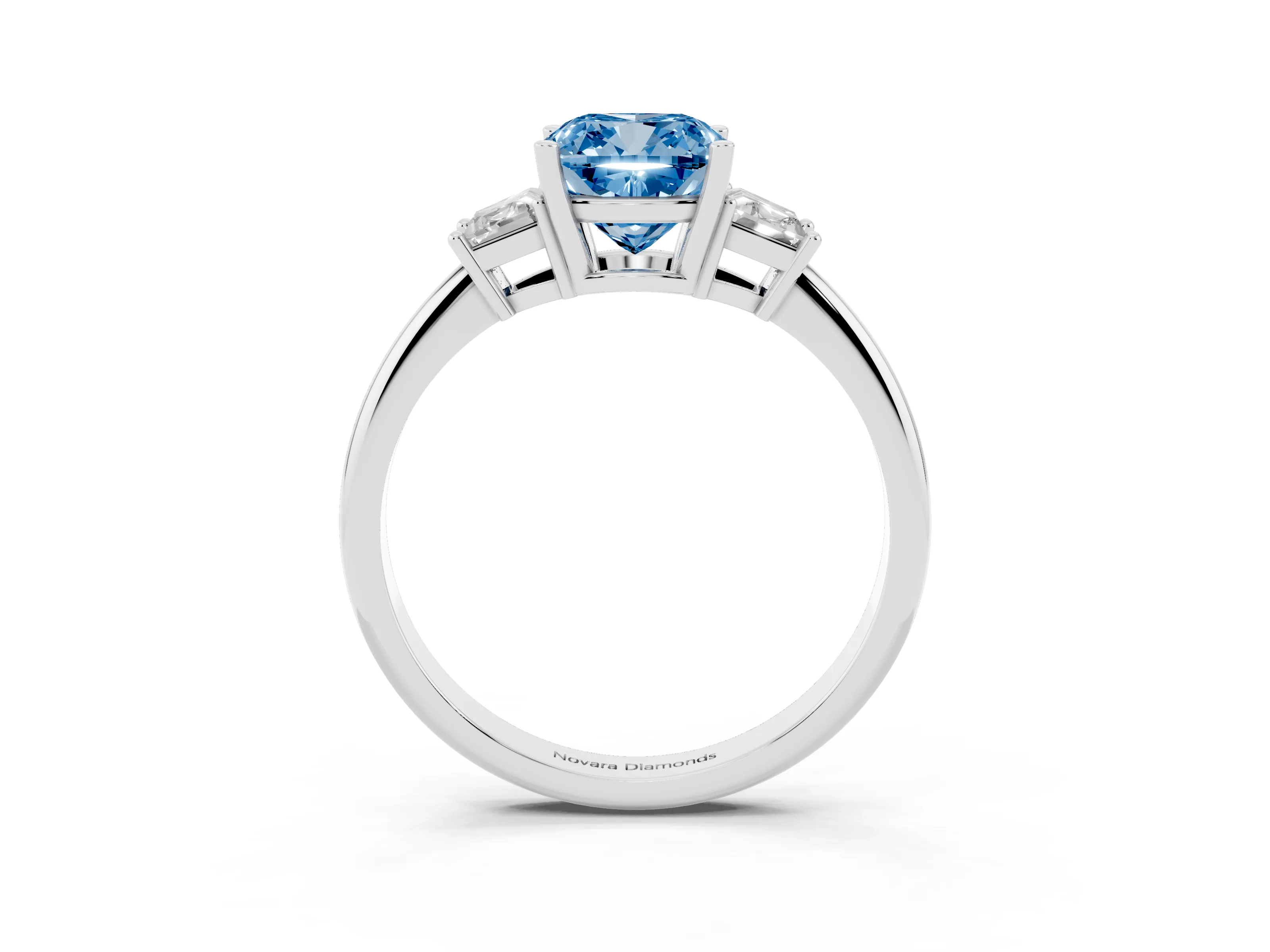 Fancy Blue Cushion Cut Diamond Three-Stone Ring Set in Silver with Trapezoid Side Stones and Prong Setting