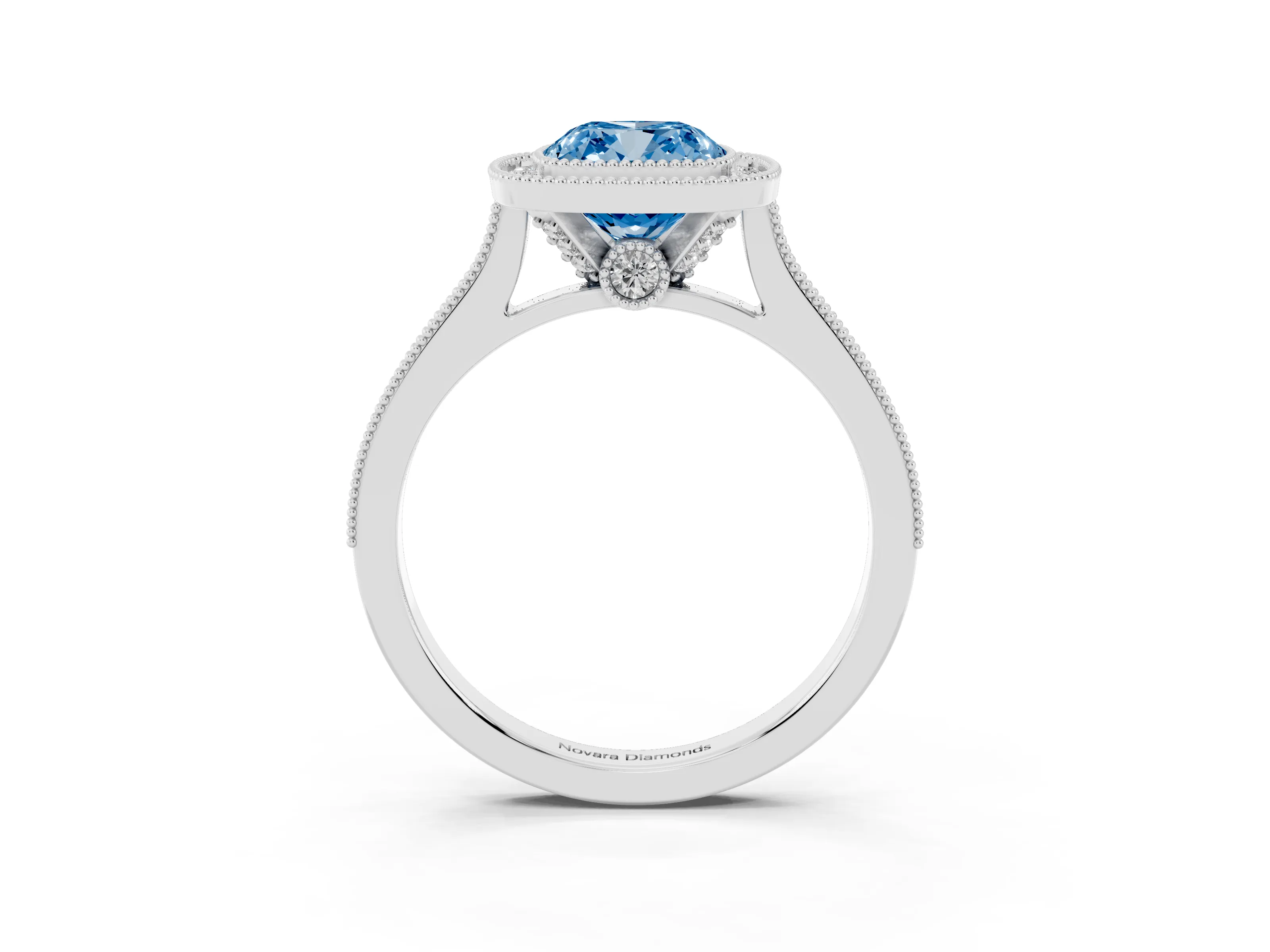 Fancy Blue Cushion Cut Diamond Halo Milgrain Pavé Band Ring Set in White gold with Prong Setting