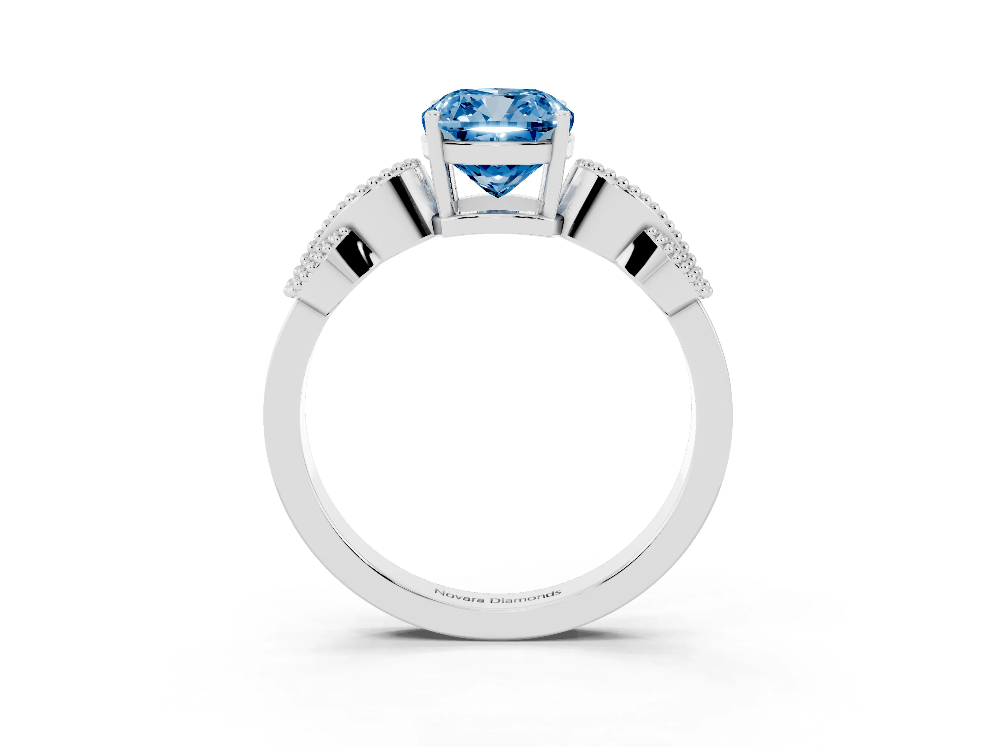 Fancy Blue Cushion Cut Diamond Milgrain Leaf Band Solitaire Ring Set in Silver with Accent Stones and Prong Setting
