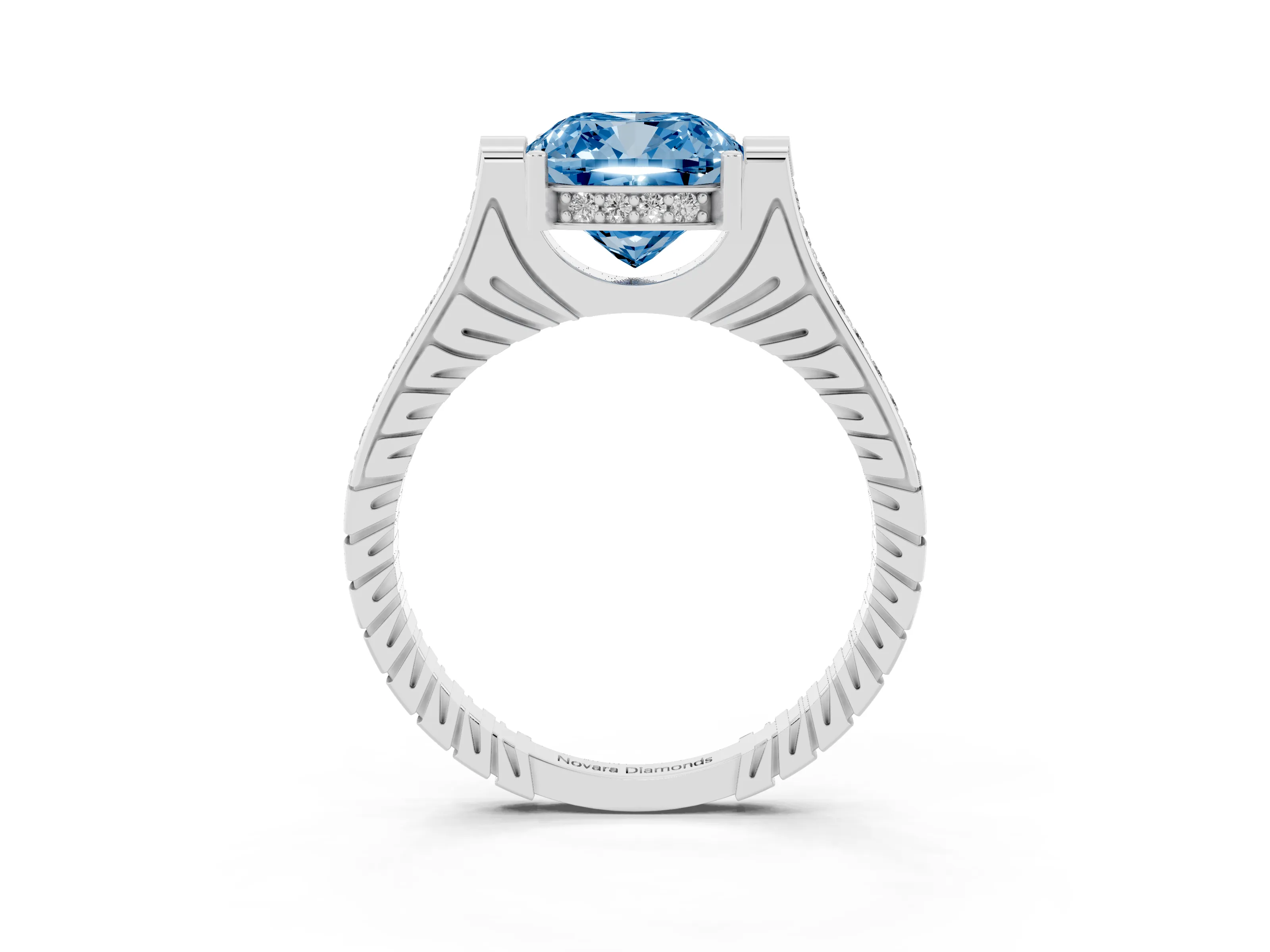 Fancy Blue Cushion Cut Diamond Solitaire Ring Set in White gold with Channel Set Band and Bezel Prong Setting