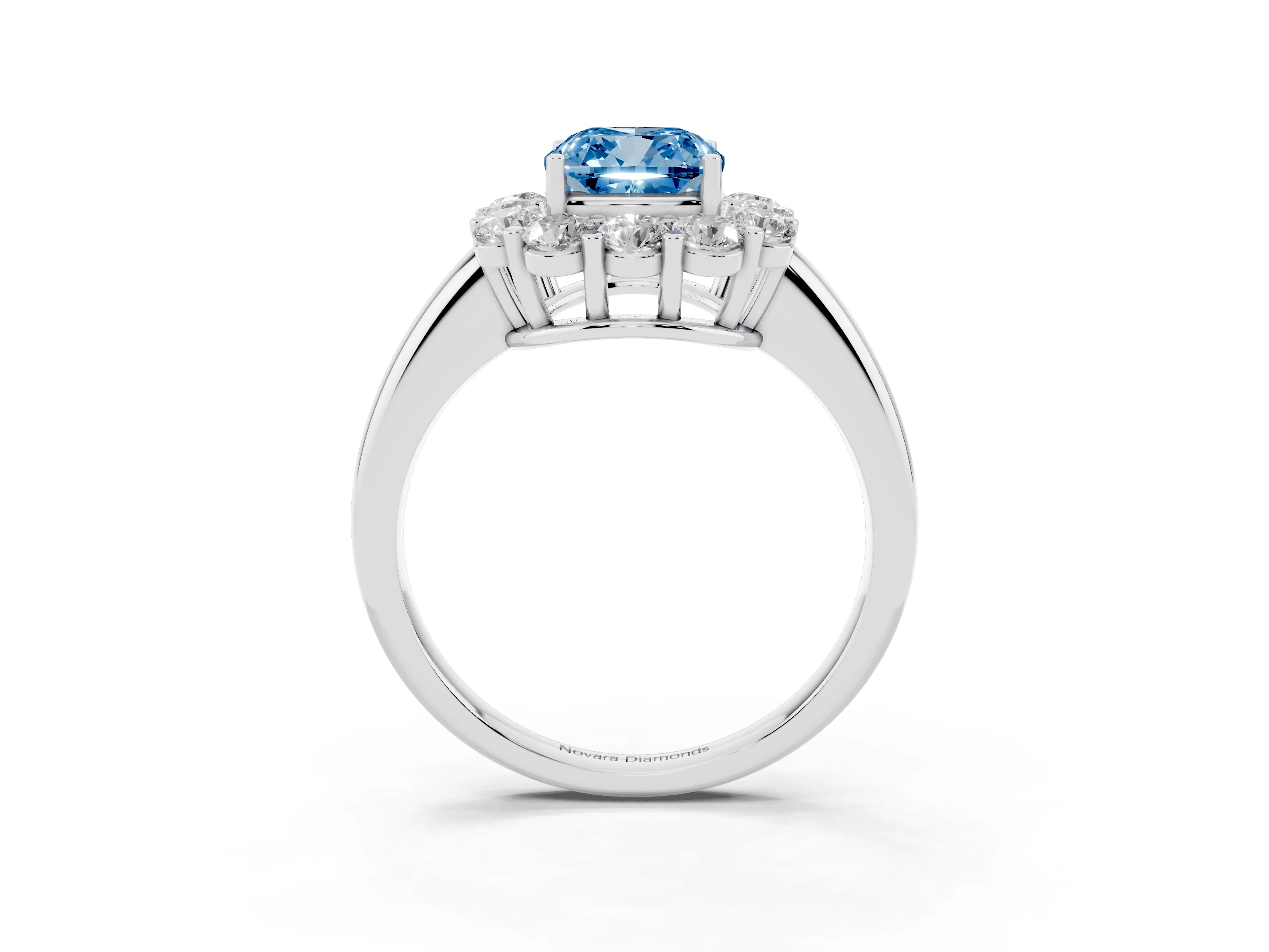 Fancy Blue Cushion Cut Diamond Halo Cluster Engagement Ring Set in Silver with Polished Band and Prong Setting